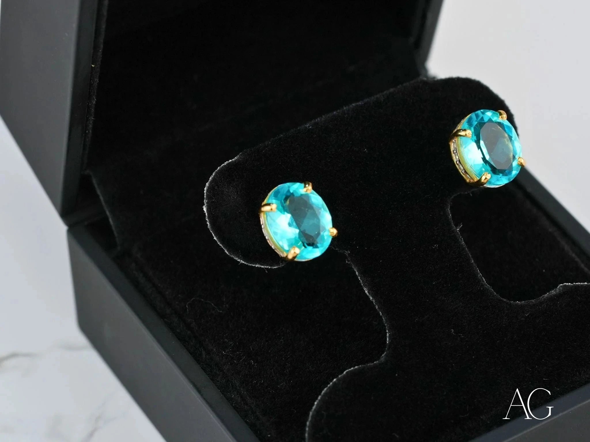 18K Gold Oval Blue Topaz & CZ Halo Earrings for Women – Elegant Dangle Drop Earrings for Wedding, Party & Special Occasions