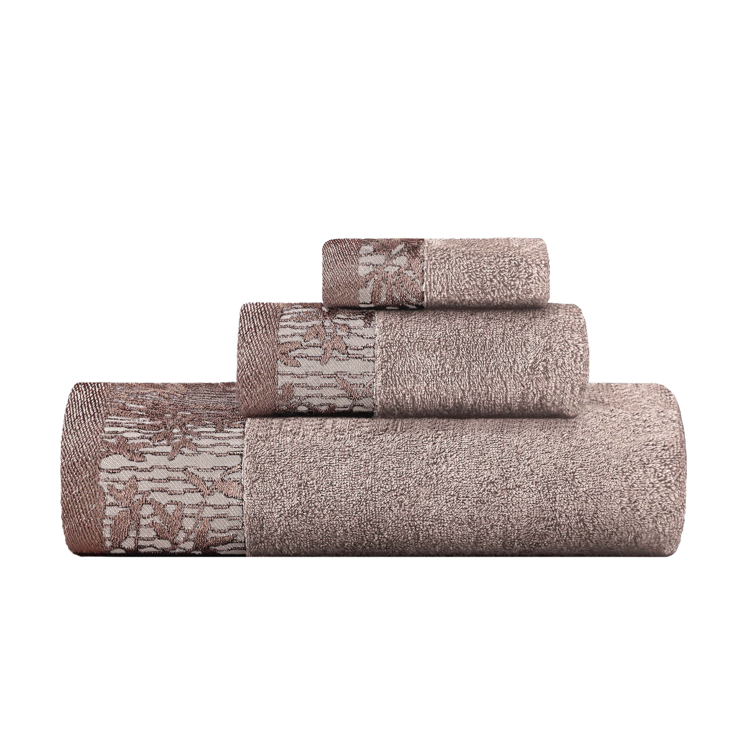 Wisteria Cotton Floral Embroidered Jacquard Border 3-Piece Bath Towel Set - Soft & Absorbent for Bathroom, Spa, and Guest Use