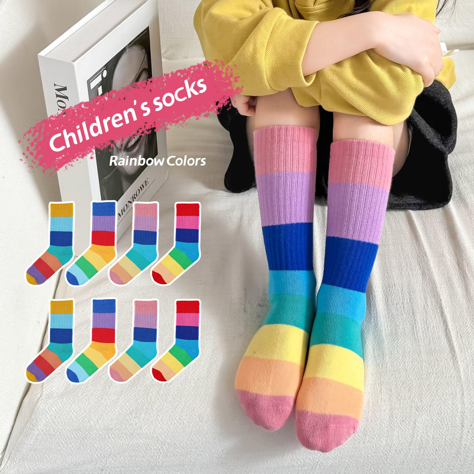 MINI PANDA 8 Pairs Girls Crew Socks - Colorful Rainbow Striped Cotton Socks for School, Sports & Everyday Wear