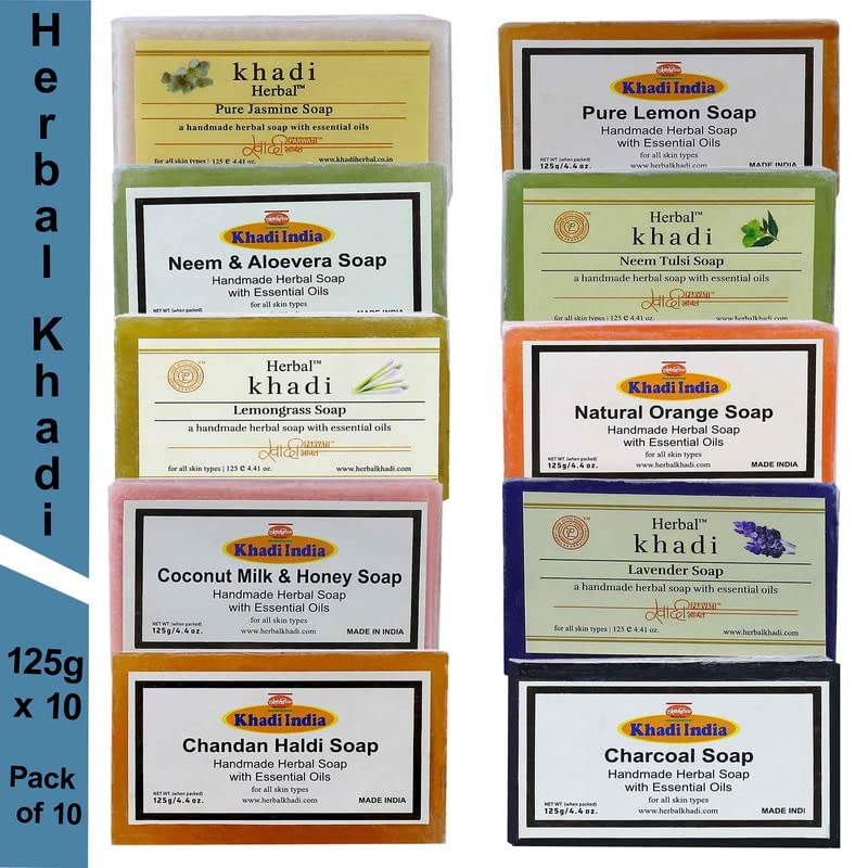 Herbal Khadi Handmade Soap - 10-Pack Multi-Fragrance Natural Soap for Men & Women | Sandalwood Turmeric, Charcoal, Lavender, Lemongrass, Neem Aloe Vera, Jasmine & Lemon | Organic Skincare, Gift Set, Bath & Body Care for Dry & Sensitive Skin