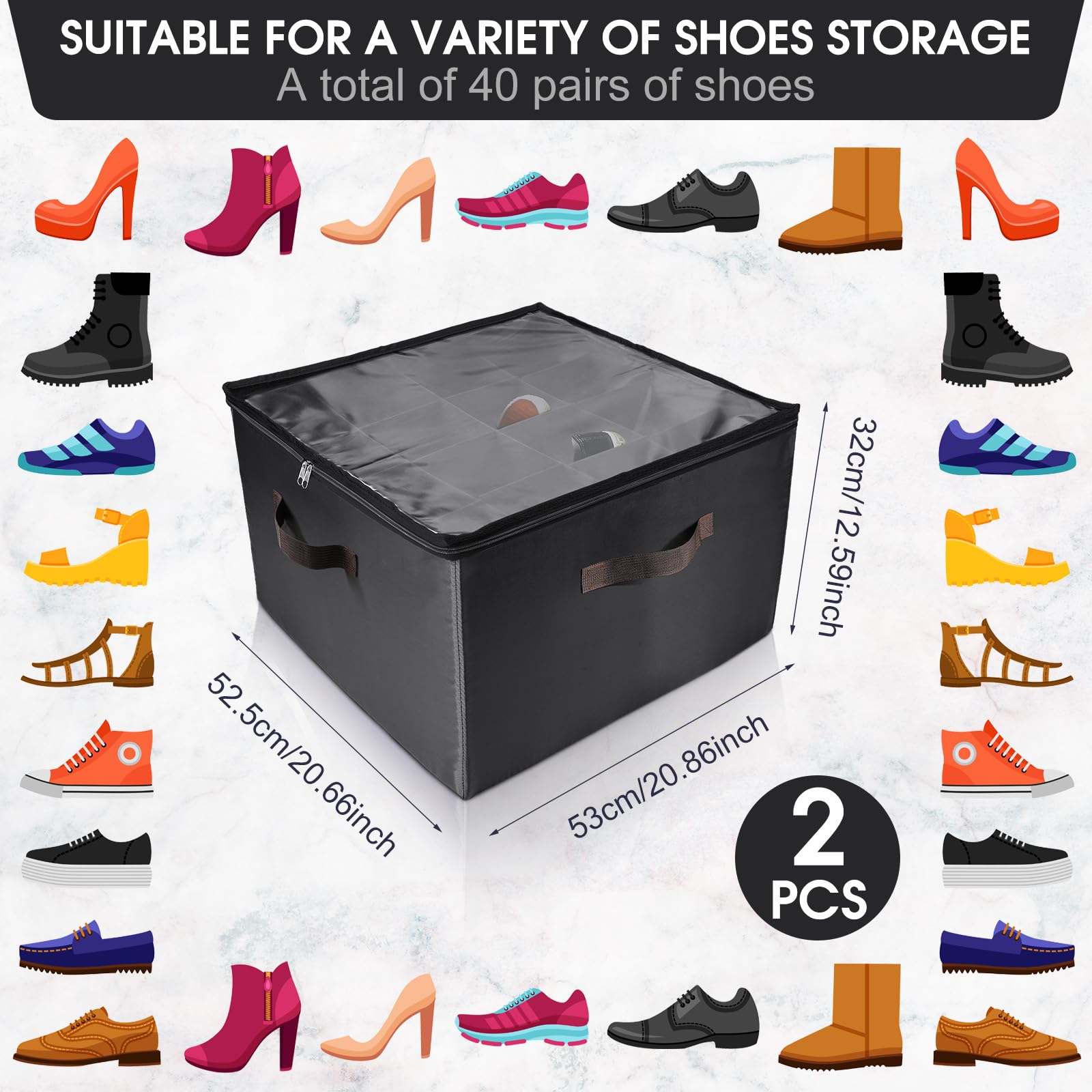 Berlune 2-Pack 40 Pair Shoe Storage Organizer - Collapsible Closet Shoe Boxes with Clear Cover & Adjustable Dividers | Space Saving Shoe Rack for Bedroom, Entryway & Closet Organization (Black)