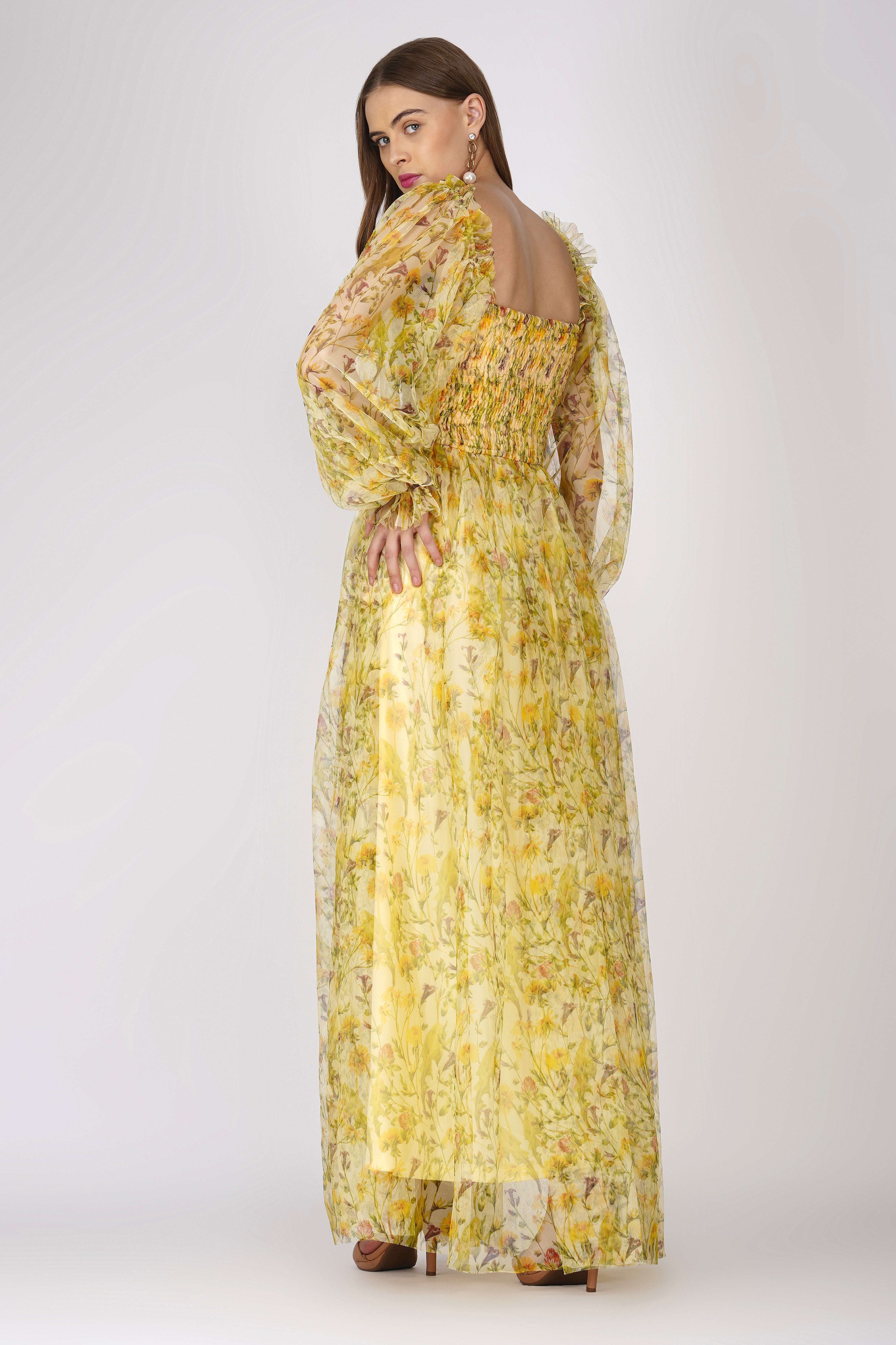 Lana Yellow Printed Tulle Maxi Dress - Flowy Summer Beach Dress for Women, Boho Chic Wedding Guest Outfit, Perfect for Vacations & Special Occasions