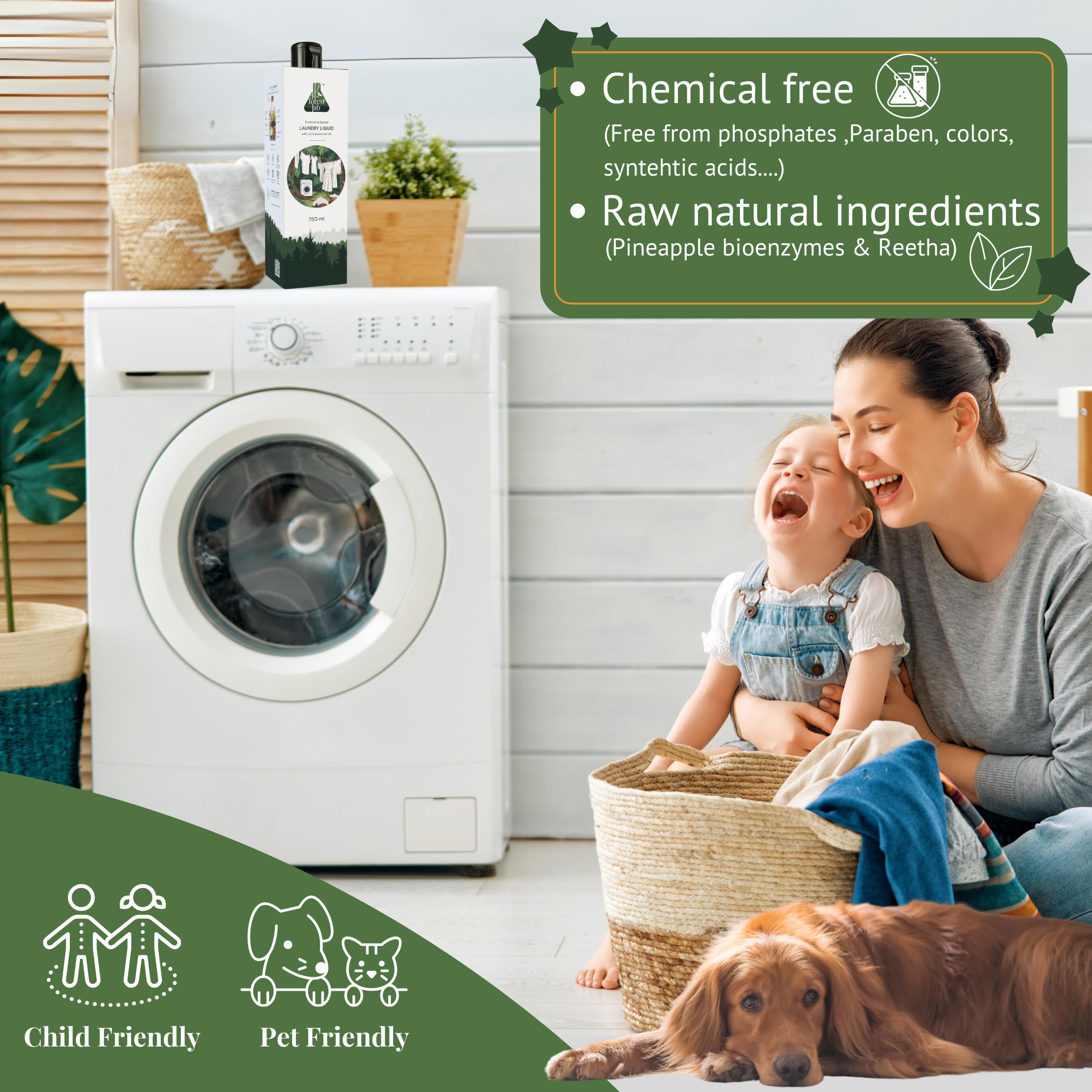 Forest Lab Natural Laundry Detergent Liquid - 3L (750ml x 4 Pack) | Plant-Based Bio-Enzyme Formula with Lavender & Geranium Essential Oils | Safe for Babies & Sensitive Skin | Works in Front/Top Load Washers | Removes Tough Stains | Perfect for Eco-Friendly Families & Hypoallergenic Laundry Care