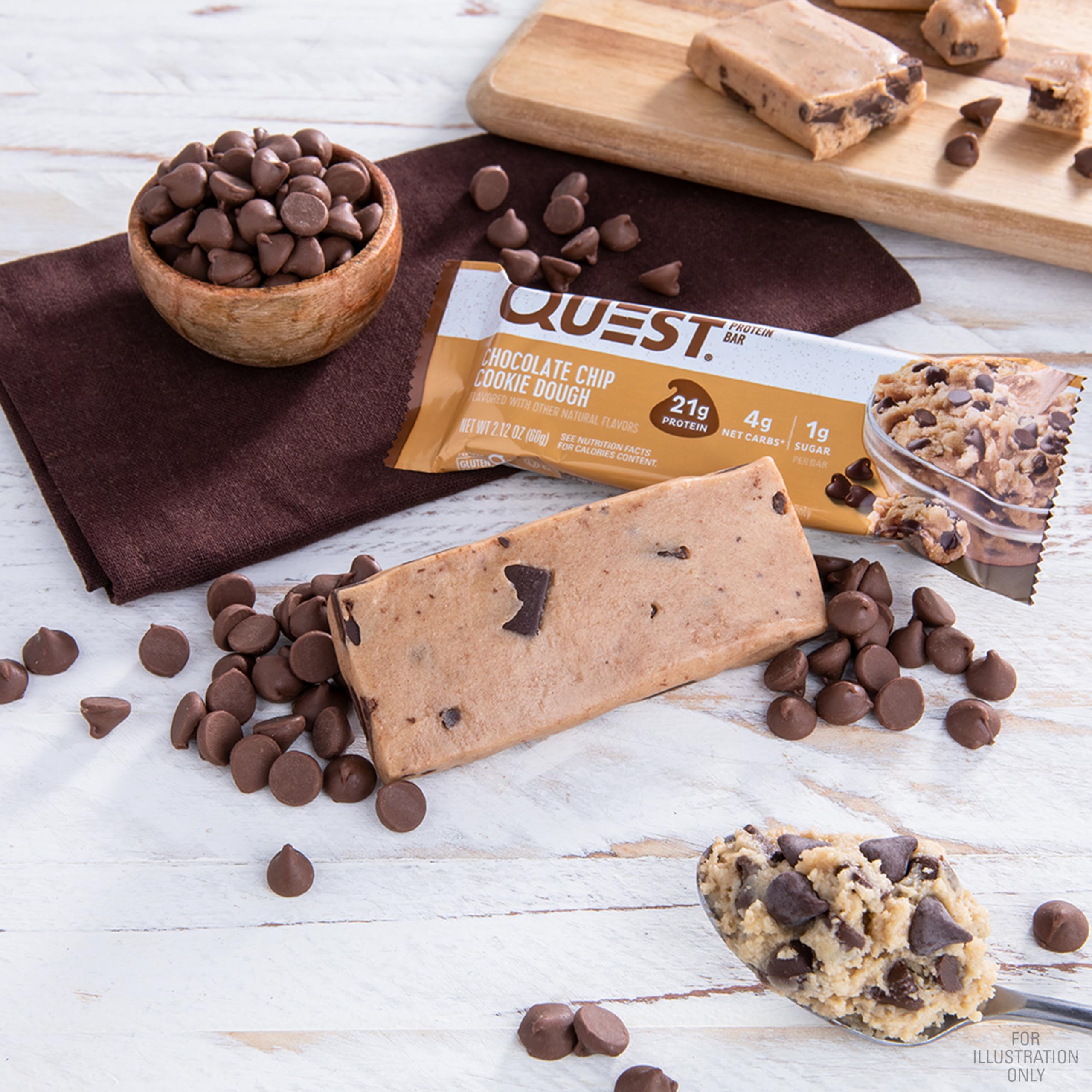 Quest Nutrition Chocolate Chip Cookie Dough Protein Bars - 12 Pack | 21g Protein, 1g Sugar, 4g Net Carbs | Gluten Free, Keto Friendly Snacks | Perfect for Workouts, Travel & On-the-Go Nutrition