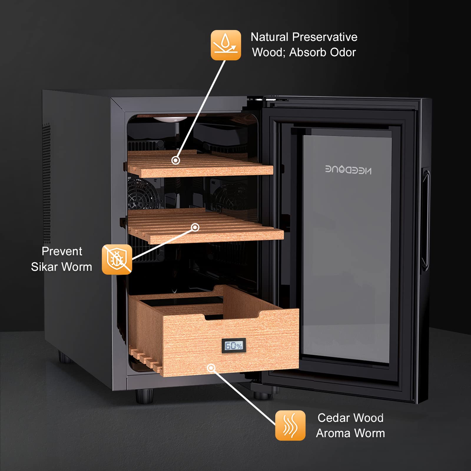 NEEDONE 23L Electronic Cigar Cooler Humidor with Spanish Cedar Wood Shelves & Digital Hygrometer - 150 Cigar Capacity - Perfect for Home, Office & Gifts for Cigar Enthusiasts