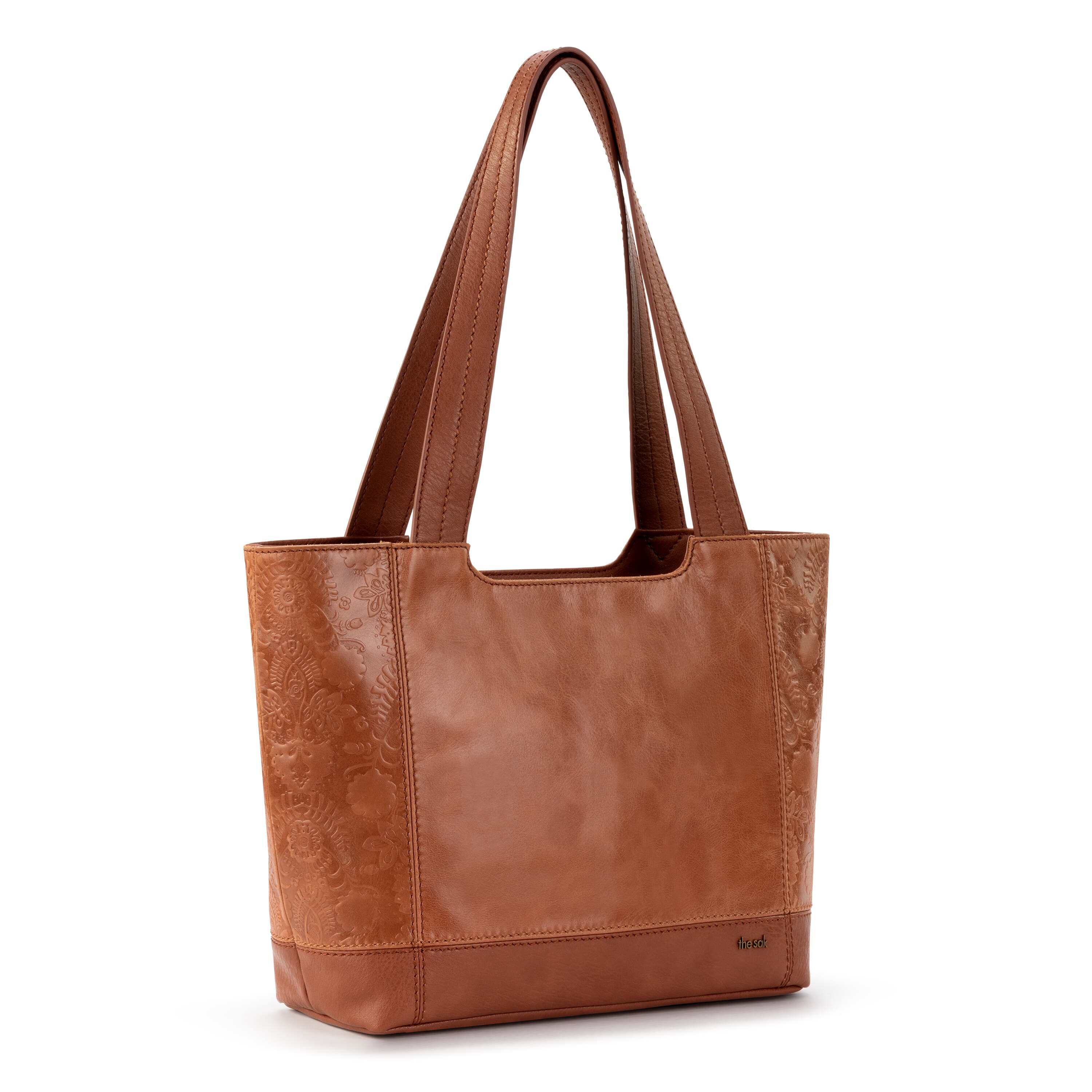 De Young Genuine Leather Tote Bag - Tobacco Floral Embossed Design, Women's Fashion Handbag for Work, Travel & Everyday Use