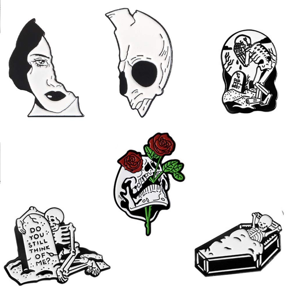 Halloween White Skull Enamel Pins - Skeleton Couples Half Women Half Skull Punk Brooch - Gothic Rose Romantic Enamel Badges for Holiday Party, Gift Giving & Goth Fashion Accessories (Perfect for Halloween Costumes, Punk Outfits & Alternative Style Lovers)