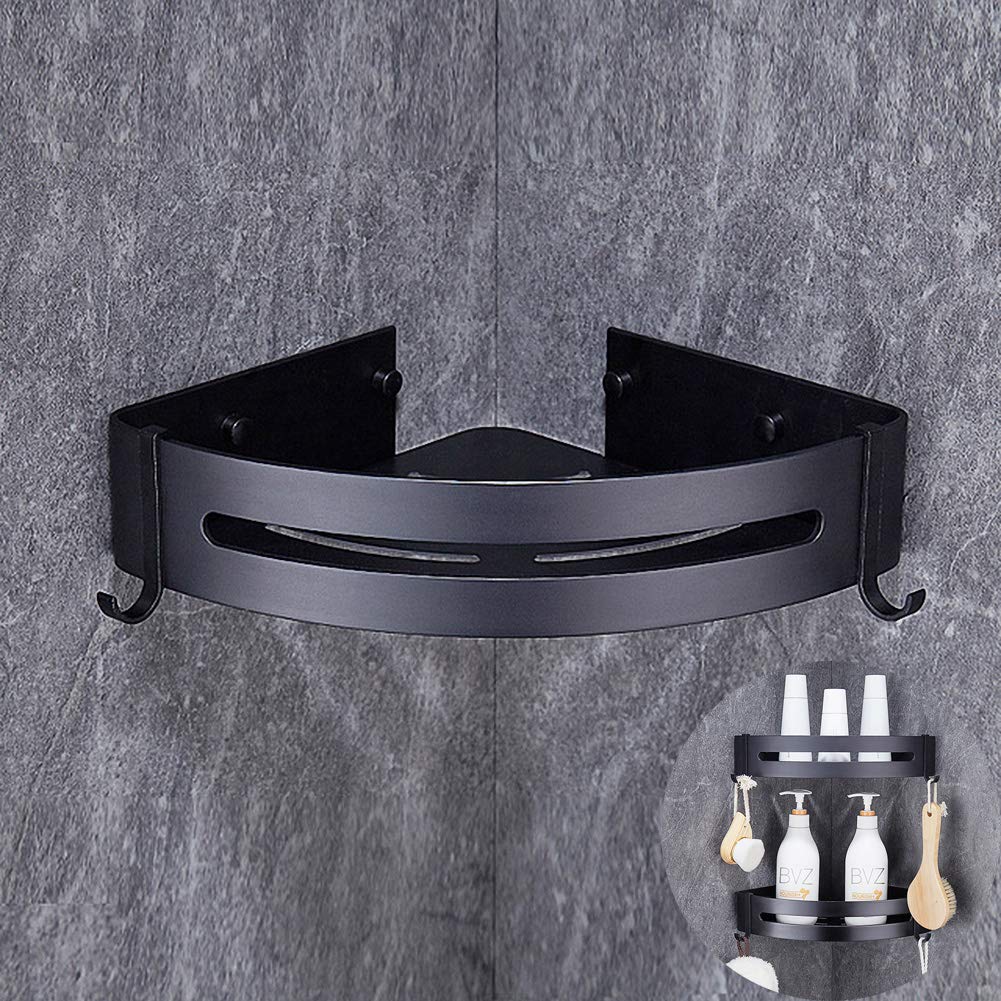 TOMYEUS Multifunctional Bathroom Shelf Organizer - Wall Mounted Shower Storage Rack for Shampoo, Soap & Toiletries - Space Saving Corner Shelves (Black, 1 Pack) - Perfect for Small Bathrooms & Showers