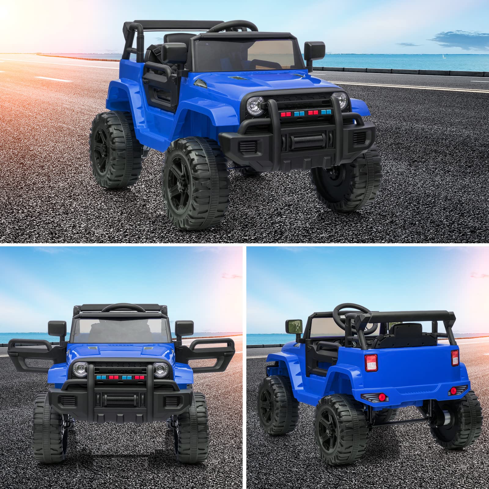 VALUE BOX 12V Kids Electric Ride-On Truck with 2.4G Remote Control - 3 Speed Motorized Vehicle for Ages 3-5, Spring Suspension, LED Lights, Horn & Music Player - Safe with Seat Belts (Blue) - Perfect for Outdoor Play, Birthday Gifts & Preschool Fun
