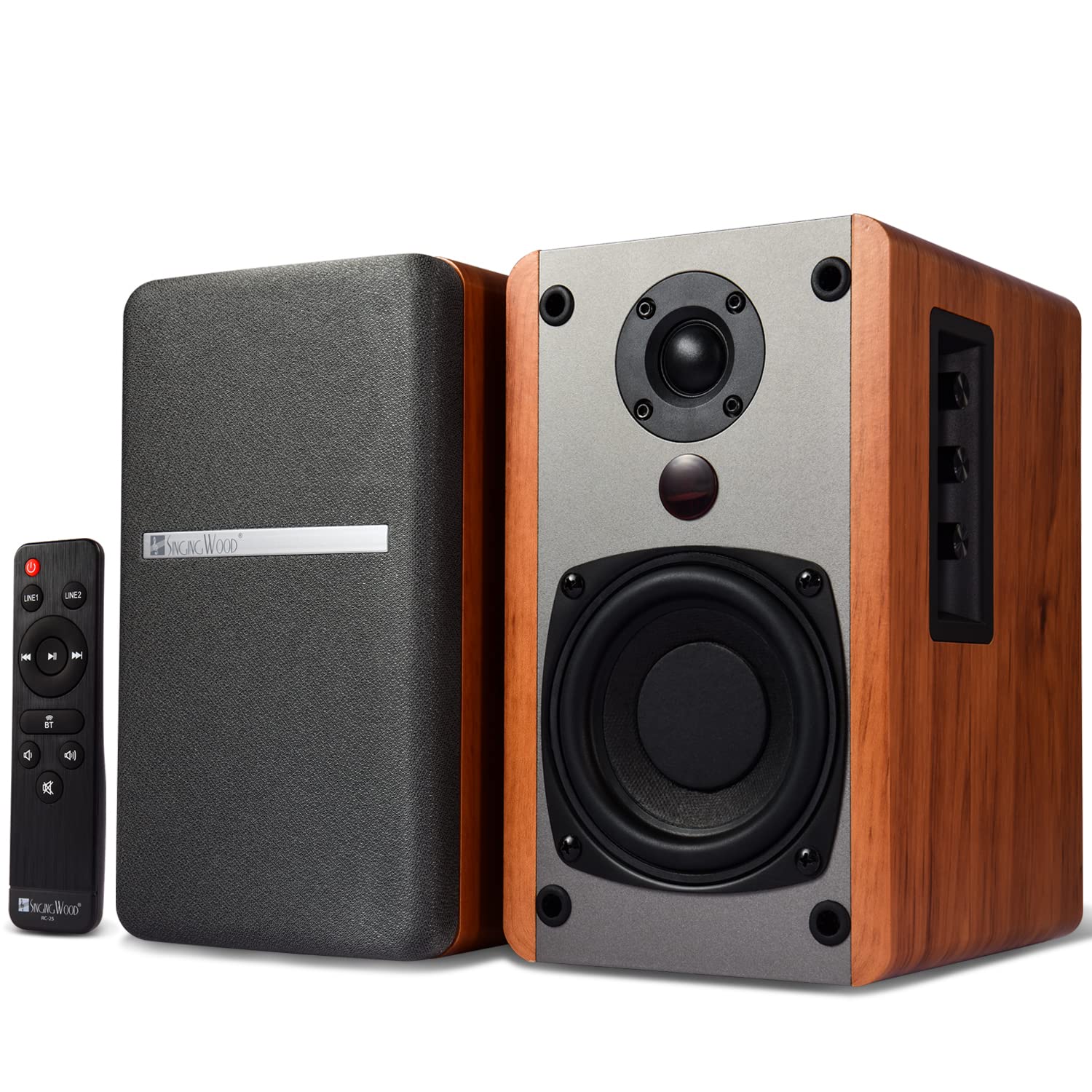 SINGING WOOD BT25 Bluetooth 5.0 Bookshelf Speakers with Built-in Amplifier, 2 AUX Inputs, Remote Control, 50W RMS, Beech Wood Enclosure - Perfect for Record Players, Home Theater, and Office Music