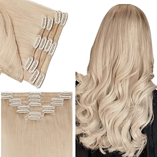 Benehair 24 Inch Clip in Human Hair Extensions - 8pcs 18 Clips Remy Natural Straight Real Hair Extensions for Women (No Tape/Glue) #70 Bleach White | Perfect for Daily Styling, Parties & Special Occasions