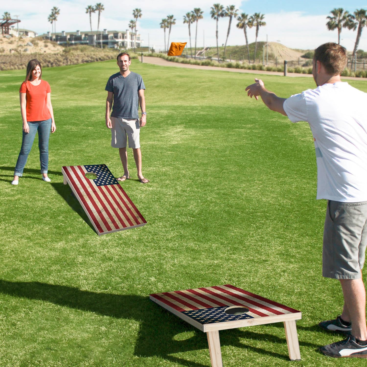 Premium Solid Wood Cornhole Set - 4ft x 2ft Regulation Size Game Boards with 8 Bean Bags - Classic Outdoor Lawn Game for Backyard, Tailgating & BBQ Parties