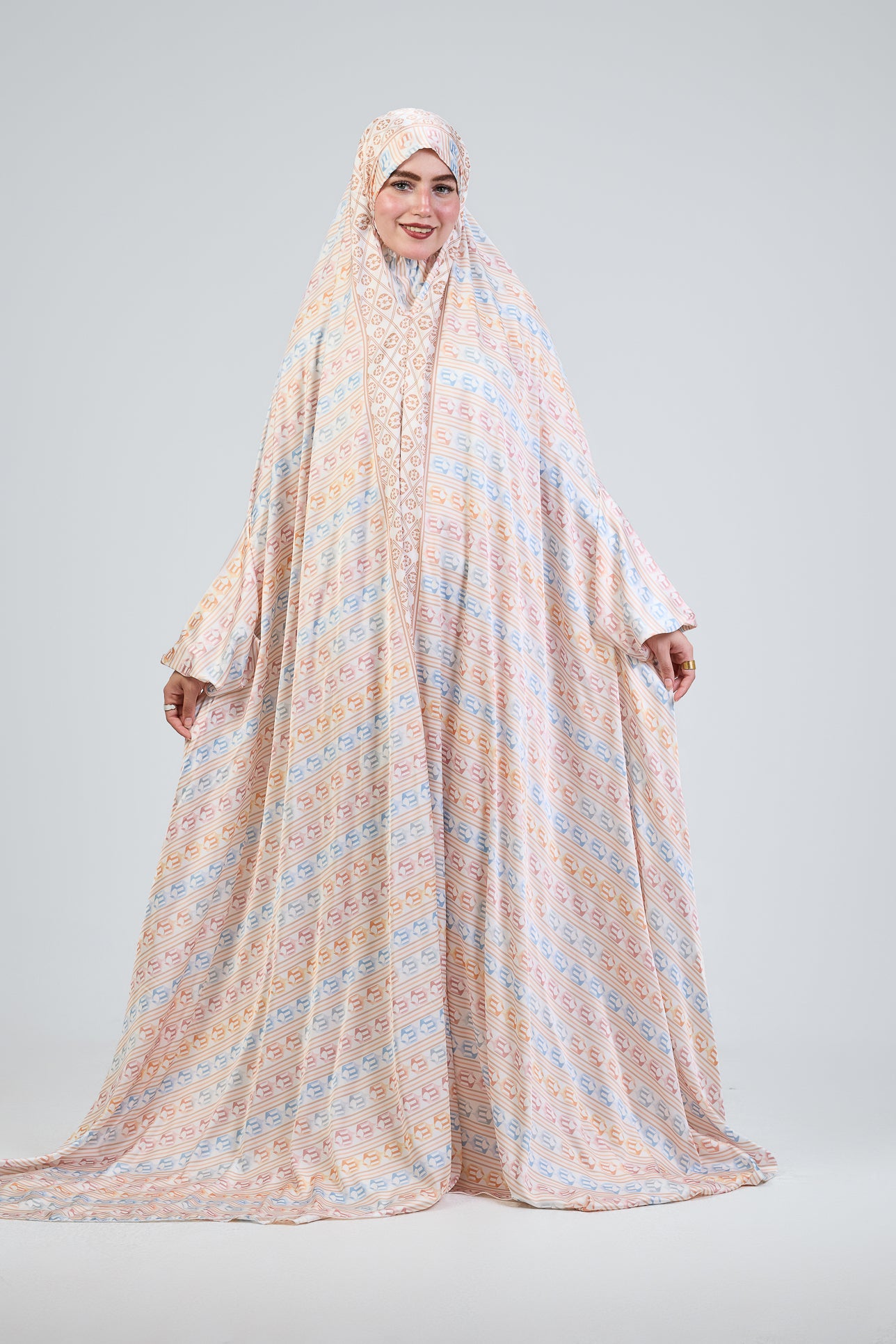 Elegant Peach Satin Prayer Gown with Pouch & Cuffs - Modest Islamic Nightgown for Women - Perfect for Ramadan, Eid, and Special Occasions