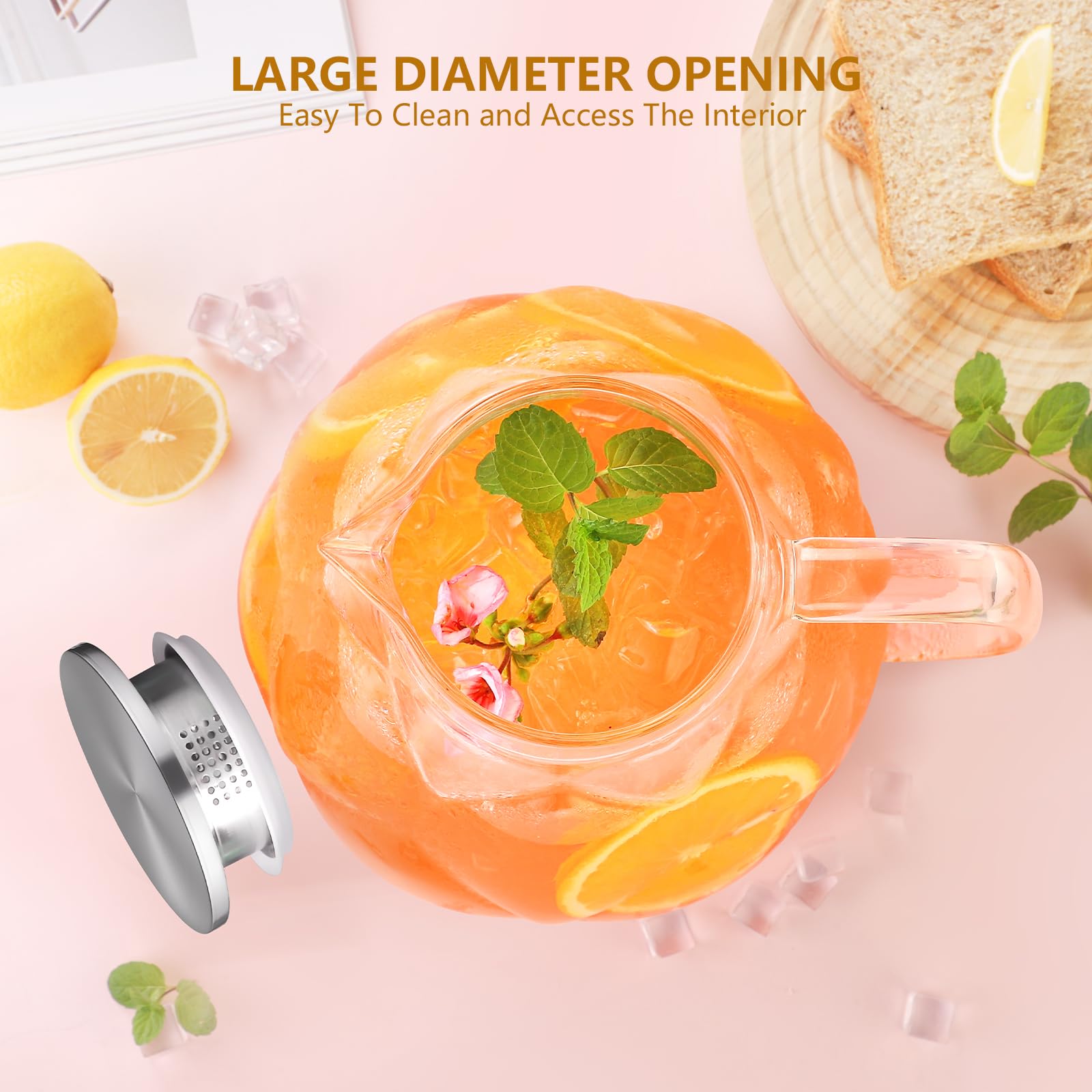 102oz Glass Pitcher with Lid - Stainless Steel Large Iced Tea Pitcher with Unique Petal Design - Lightweight Borosilicate Glass for Hot & Cold Drinks - Perfect for Iced Tea, Lemonade, Cocktails & Party Serving