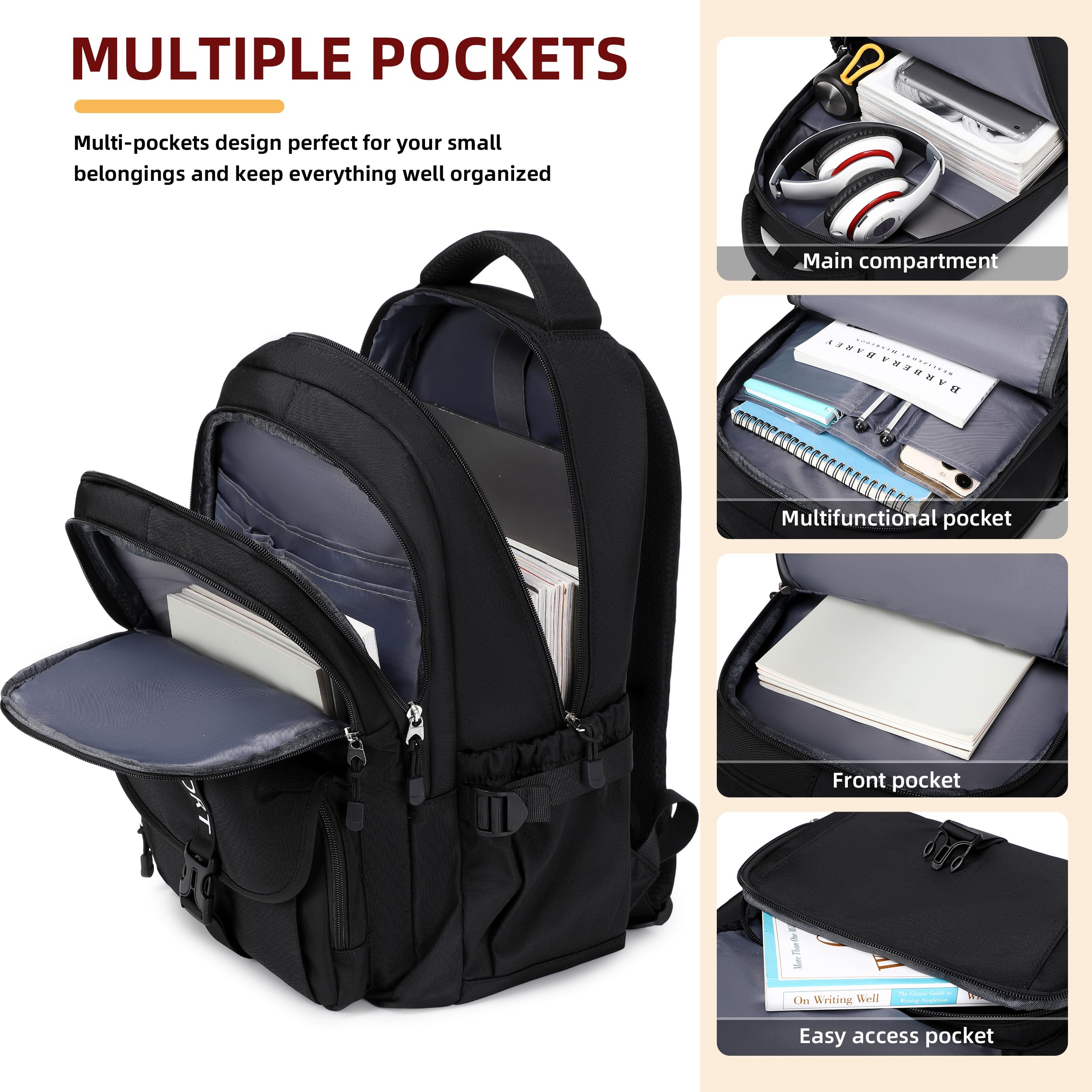 Stylish Waterproof College Backpack for Teens & Adults - 15.6 Inch Laptop School Bag for Students, Women & Men - Perfect for Travel, Work & Daily Commute - Durable Bookbag for School, Office & Business Trips - Black