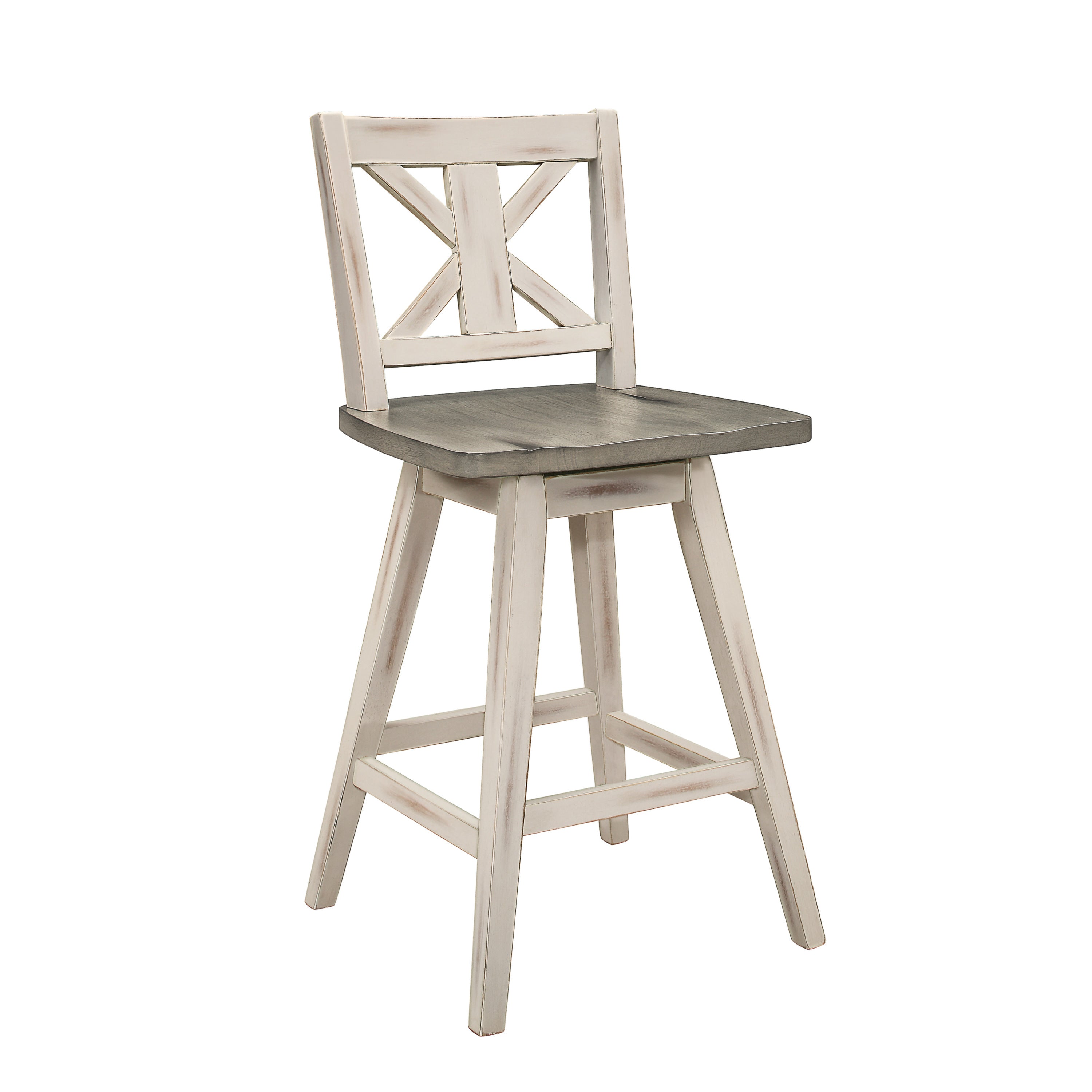 2-Piece Counter Height Swivel Bar Stool Set - 360° Rotating White & Gray X-Back Chairs, Solid Rubberwood Construction for Kitchen Island, Dining Room & Breakfast Nook - Modern Home Furniture