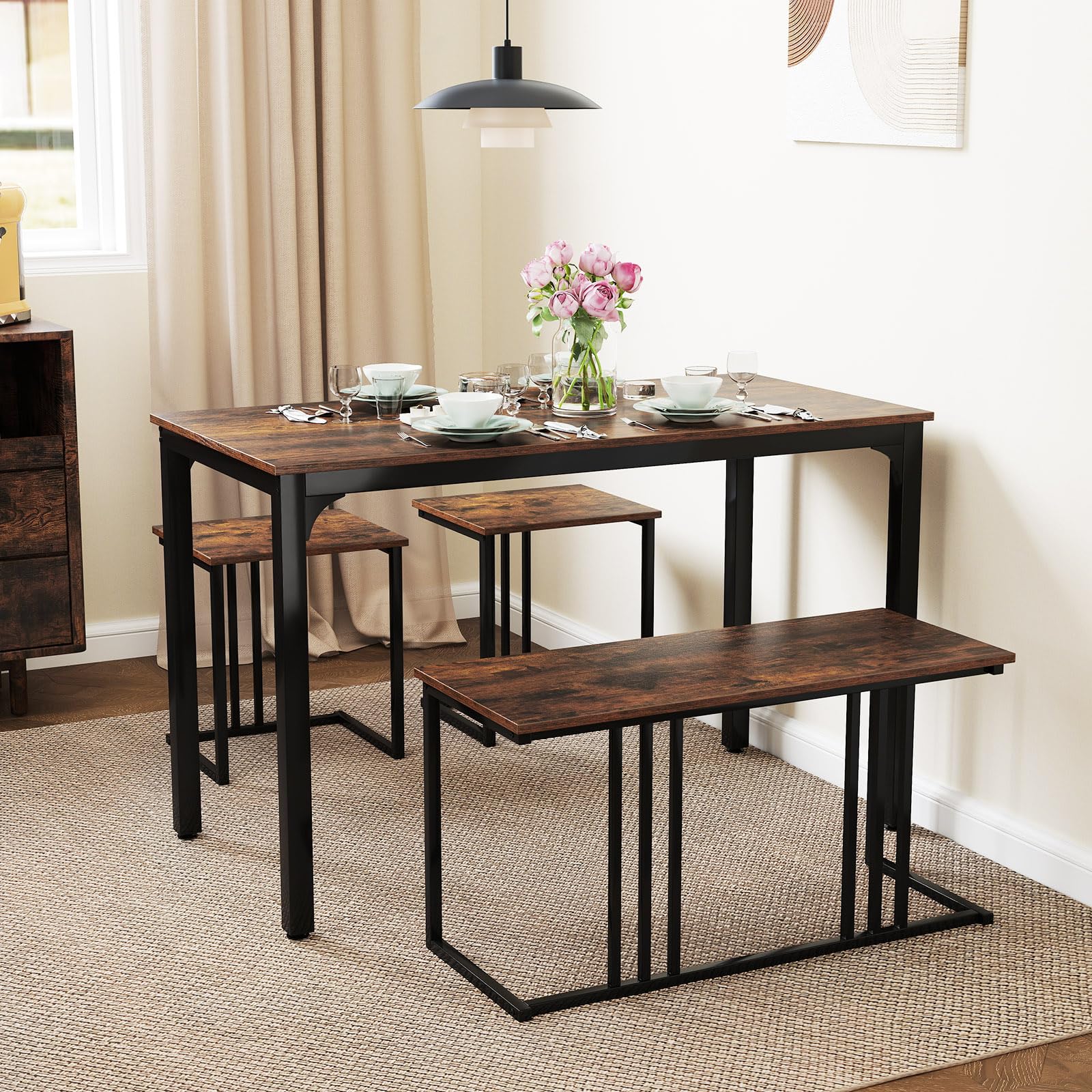 GOFLAME 4-Piece Rectangular Wood Dining Table Set with Bench & 2 Stools - Industrial Style Kitchen Table for Small Spaces - Perfect for Dining Room, Living Room, Restaurant, Pub & Cafe - Compact Dinette Set for Apartments, Breakfast Nooks & Outdoor Patios