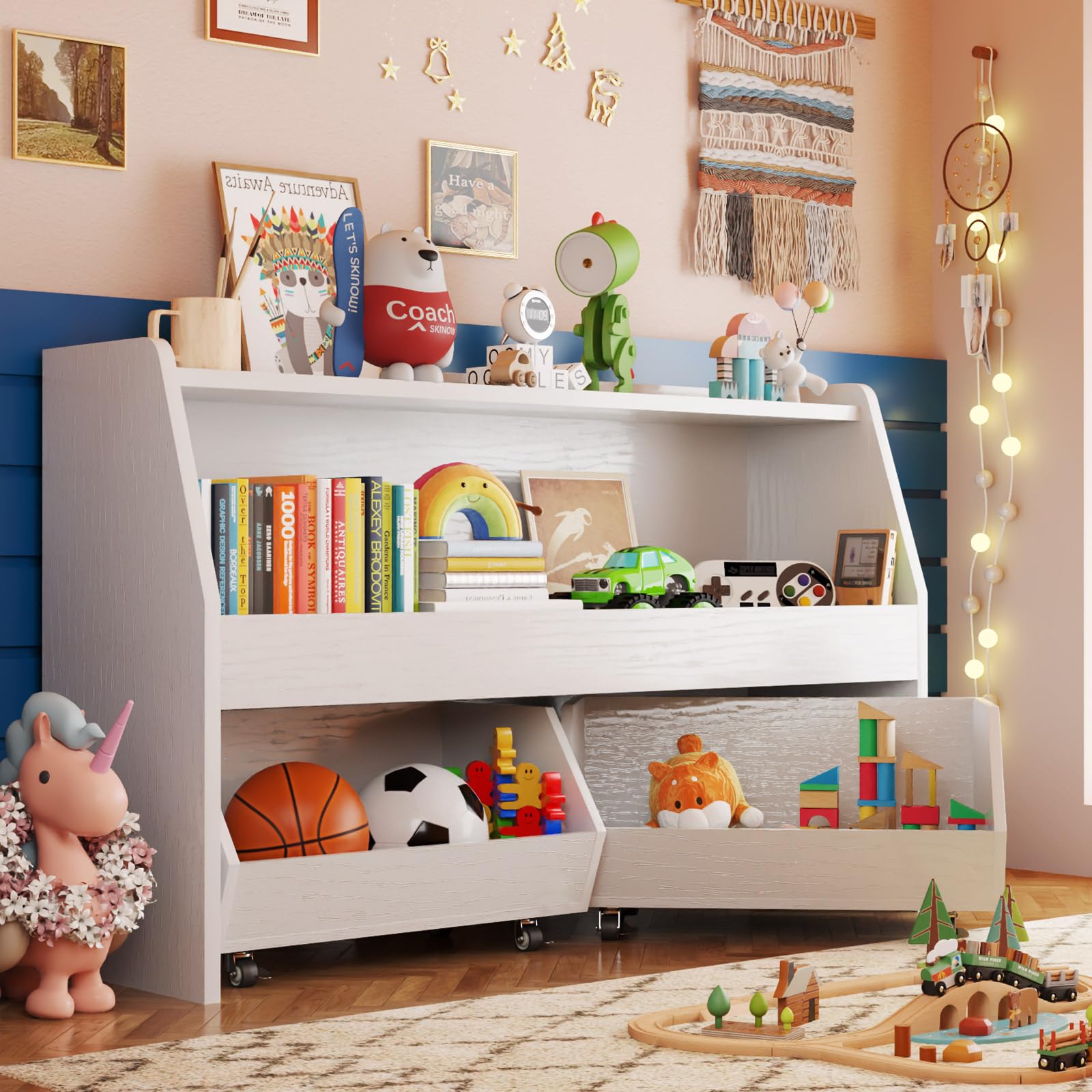 COZPAW 2-Tier Toy Storage Organizer with Movable Drawers - Kids Bookshelf & Toy Cabinet for Nursery, Bedroom, Living Room - Natural White | Perfect for Organizing Toys, Books & Kids' Room Essentials