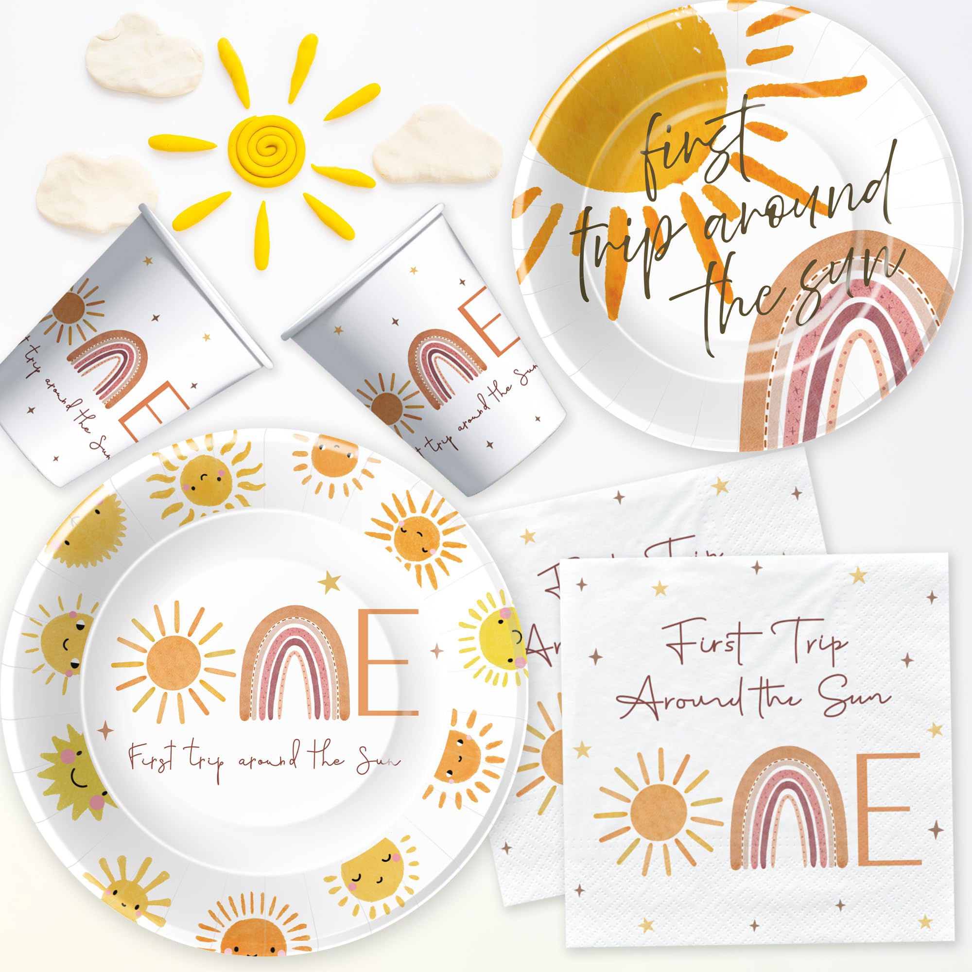 Boho Sunshine 1st Birthday Party Supplies Set - Plates, Cups, Napkins & Table Decor for Baby's First Trip Around The Sun Celebration | 24-Piece Dinnerware Kit for Boho-Themed First Birthday Parties & Milestone Celebrations