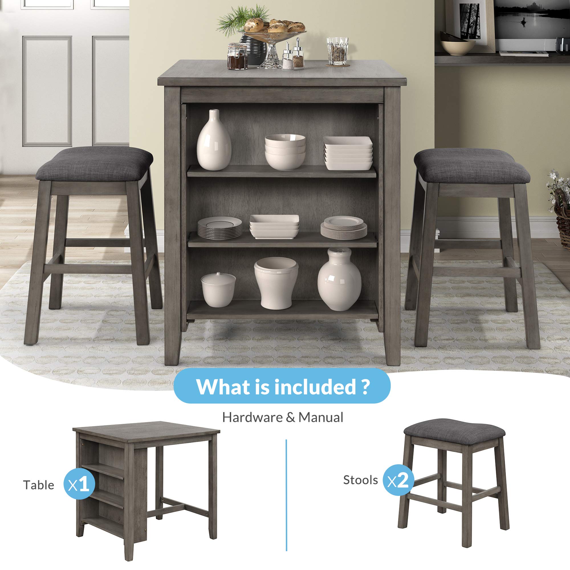 3 Piece Wooden Dining Table Set with 3-Tier Storage Shelf & Padded Stools - Compact Bar Pub Table for Small Spaces, Rustic Farmhouse Counter Height Set, Dark Gray (36