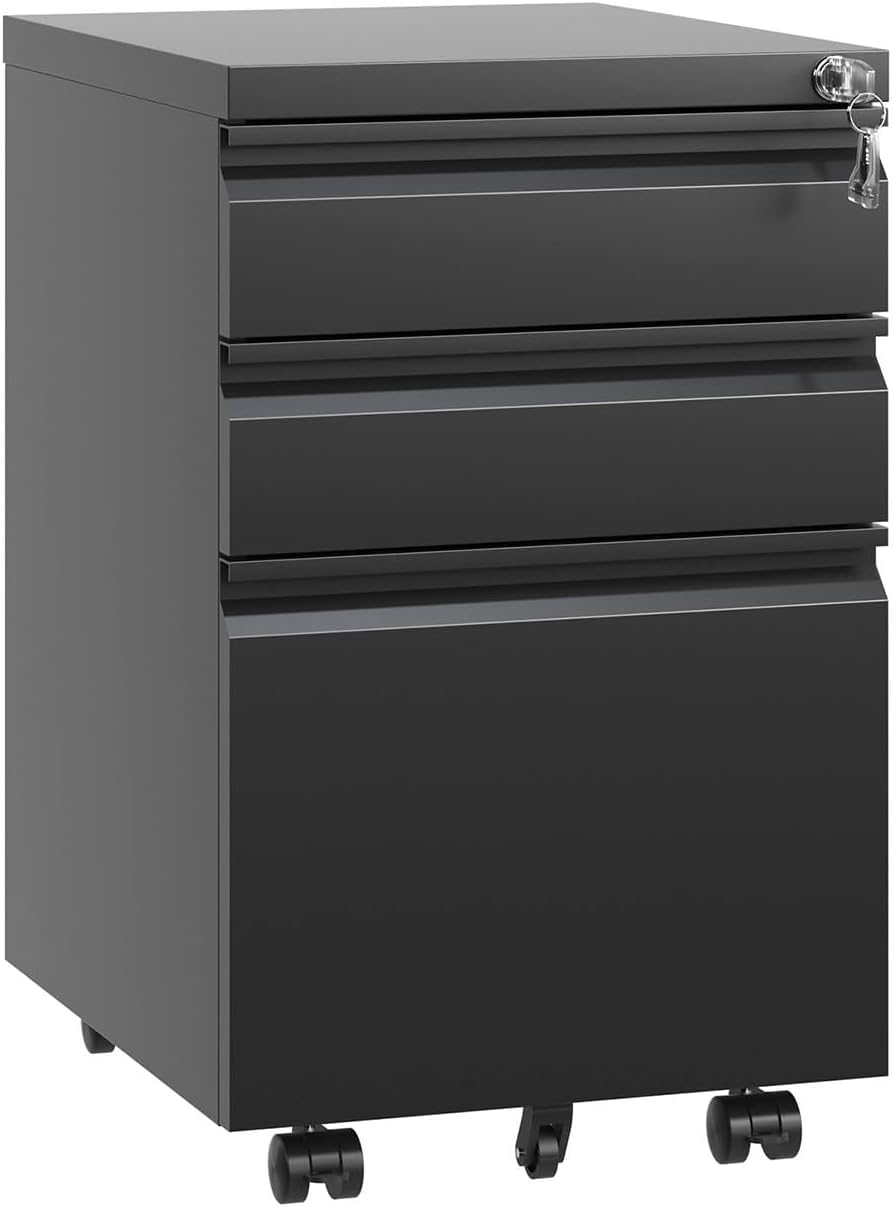 3-Drawer Locking File Cabinet for Home Office - Matte Black | A4/Letter/Legal Storage Under Desk