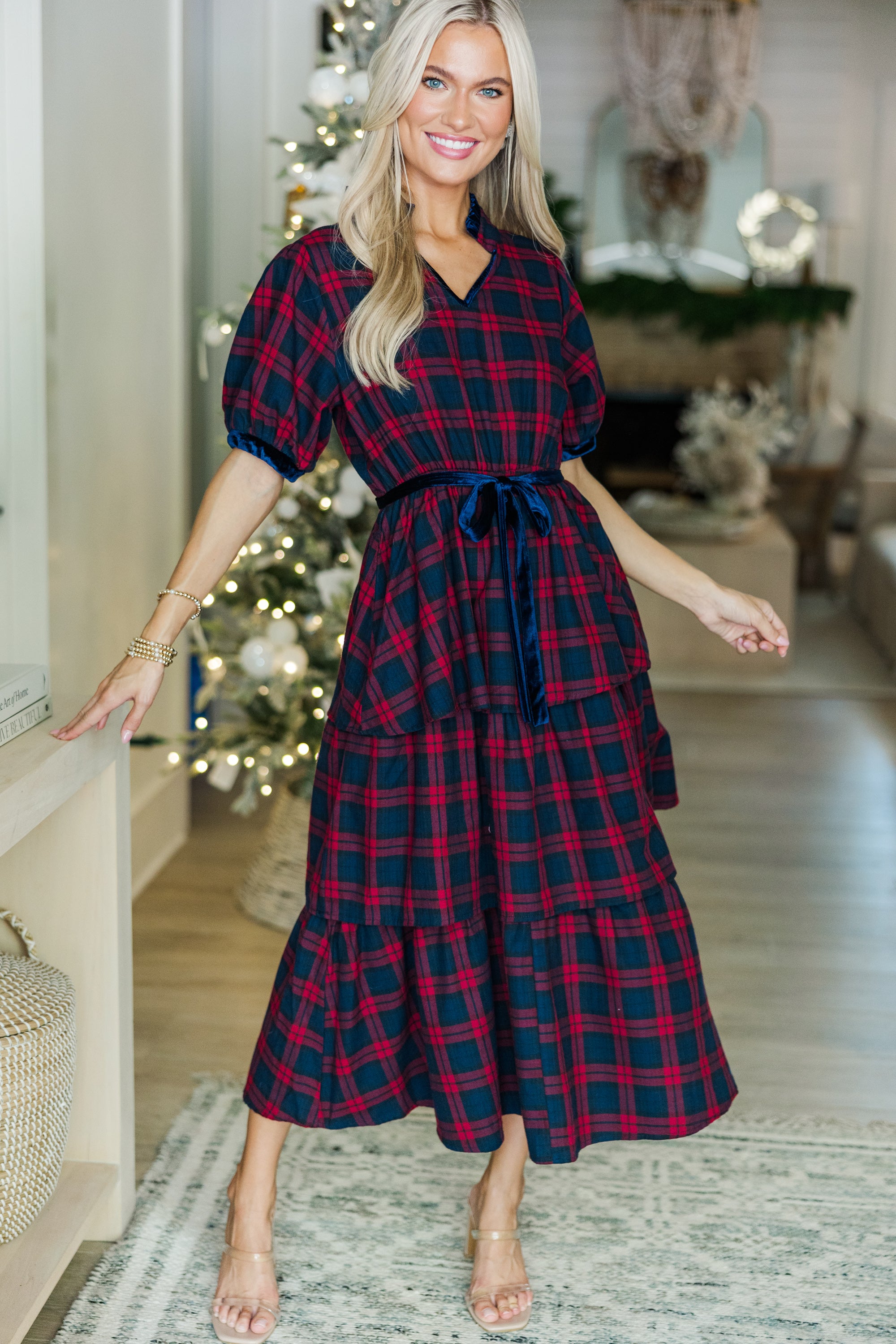 Stylish Red Tartan Plaid Midi Dress for Women - Perfect for Christmas Parties & Holiday Gatherings