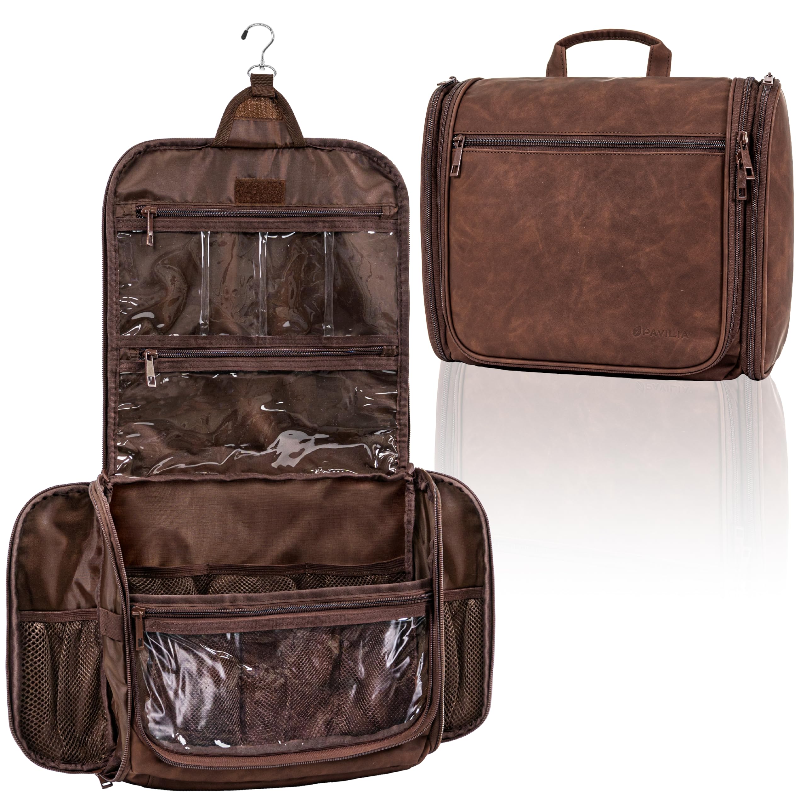 PAVILIA Large Hanging Toiletry Bag for Women & Men - PU Leather Water Resistant Cosmetic Organizer | Makeup Bag & Travel Essentials Kit (Brown) - Perfect for Vacation, Business Trips & Gym
