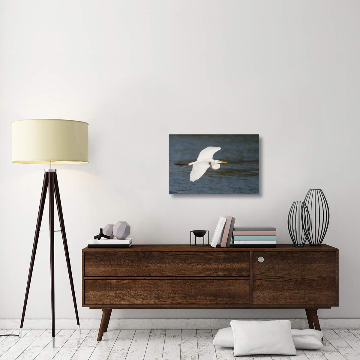 Great Egret Flying Canvas Art Print - Fort Myers Beach Florida Landscape Wall Decor - 30x20 Inches - Perfect for Living Room, Bedroom & Office
