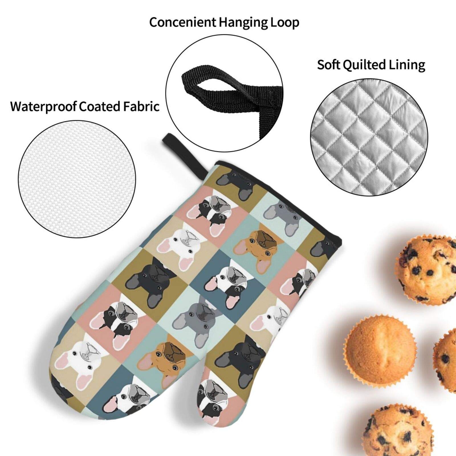 French Bulldog Oven Mitts and Pot Holders Set of 4 - Heat Resistant Kitchen Gloves for Cooking, Baking, Grilling & BBQ - Non-Slip Polyester Hot Pads for Home Chefs & Dog Lovers