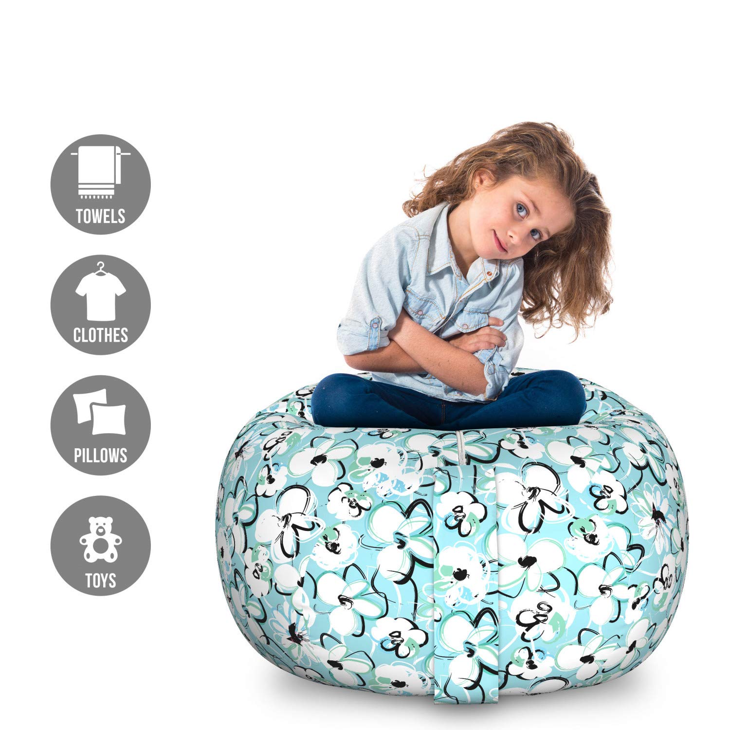 Ambesonne Floral Toy Storage Bag Chair - Large Washable Stuffed Animal Organizer with Paintbrush Strokes Flower Motifs in Turquoise Sky Blue - Perfect for Kids' Room, Playroom, and Nursery Organization