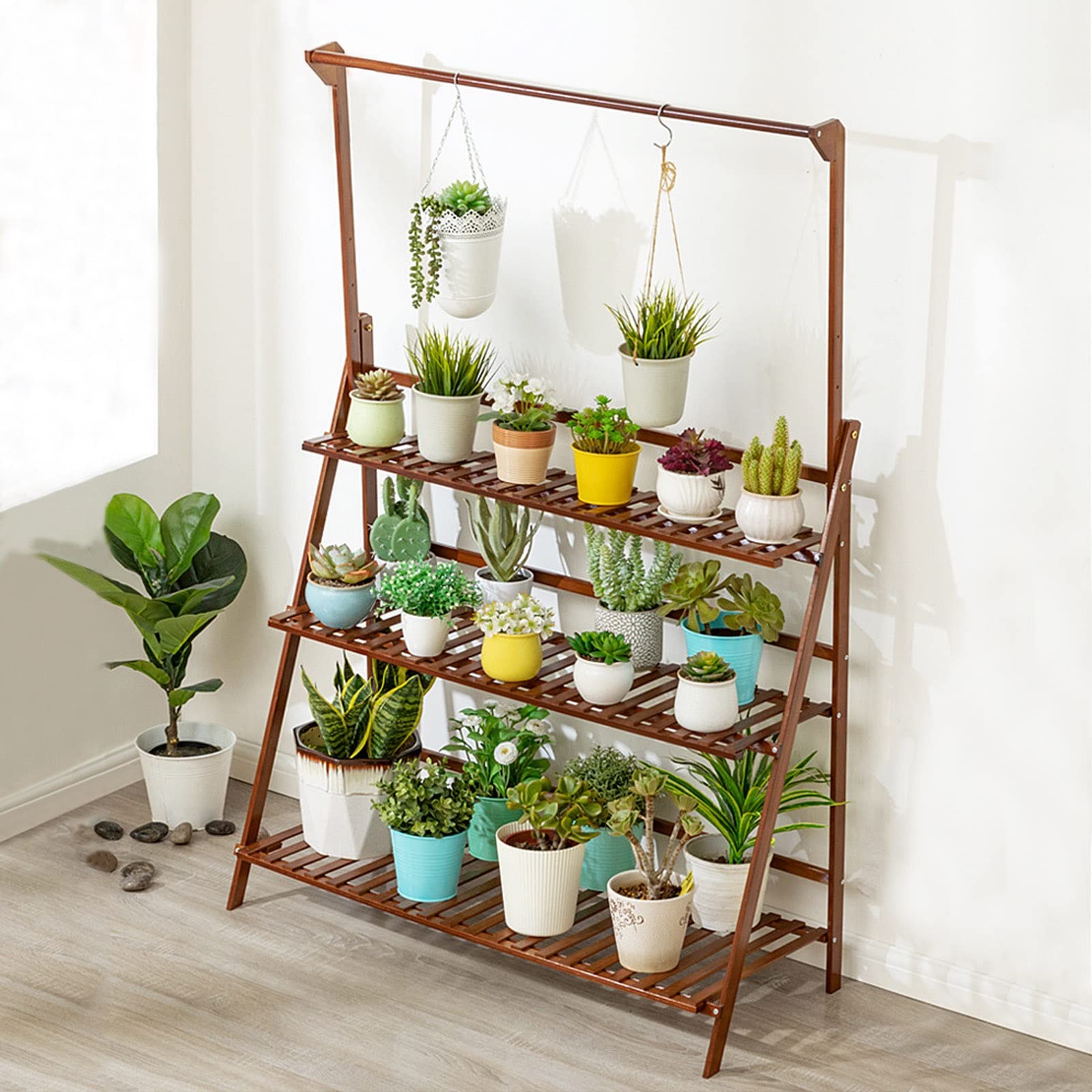 3-Tier Bamboo Plant Shelf Organizer - Indoor/Outdoor Hanging Flower Pot Stand, Folding Ladder Display Rack for Home Decor | Perfect for Balcony, Patio & Living Room Plant Arrangements