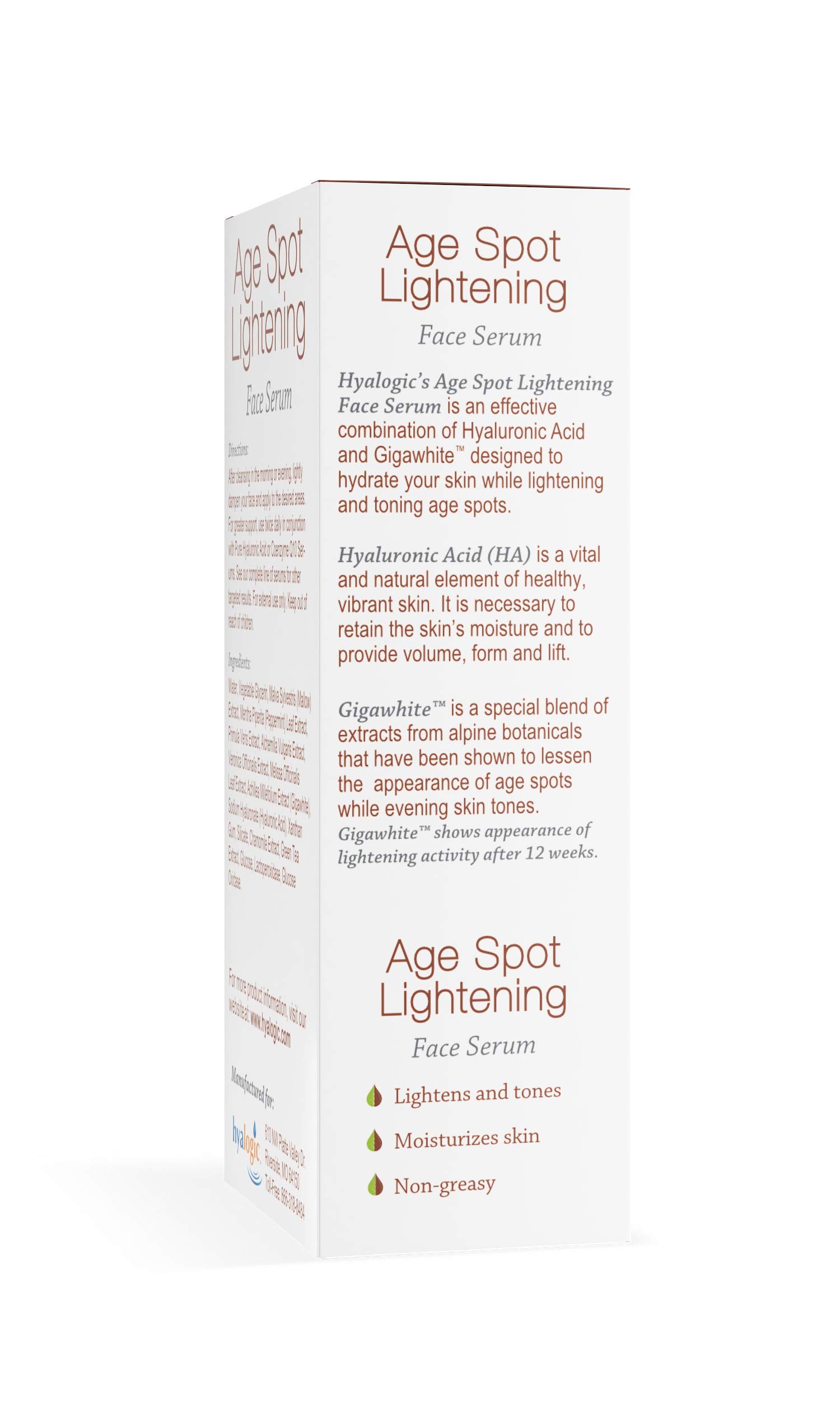Age Spot Face Serum - Dark Spot Corrector with Hyaluronic Acid & Gigawhite - Brightening Serum for Age Spots, Wrinkles & Fine Lines - 1 Fl. oz by Hyalogic - Perfect for Daily Skincare Routine & Anti-Aging Treatment