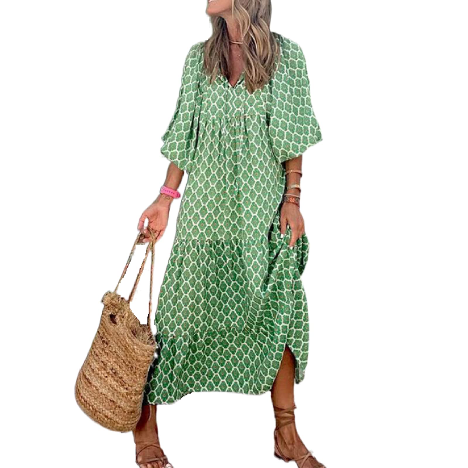 Vintage Boho Floral Print Midi Dress for Women - Lantern Sleeves, Square Neck & High Slit - Cottagecore Aesthetic Dress for Summer, Music Festivals & Boho Chic Outfits