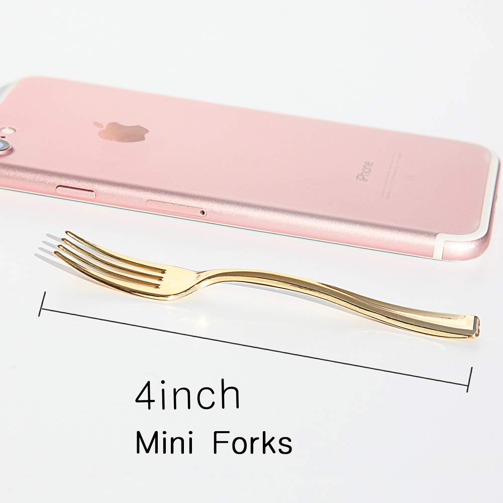 WDF Disposable Plastic Mini Forks 300-Pack (4 Inches) - Gold Heavy Duty Tasting Forks for Appetizers, Desserts, Parties, Picnics & Catering Events