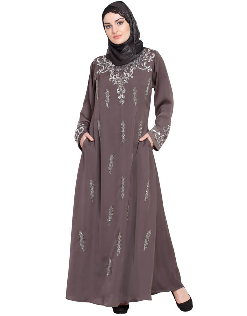 Elegant Arabic Full Hand Embellished A-Line Nida Abaya in Brown - Perfect for Islamic Prayer, Eid Celebrations & Modest Fashion