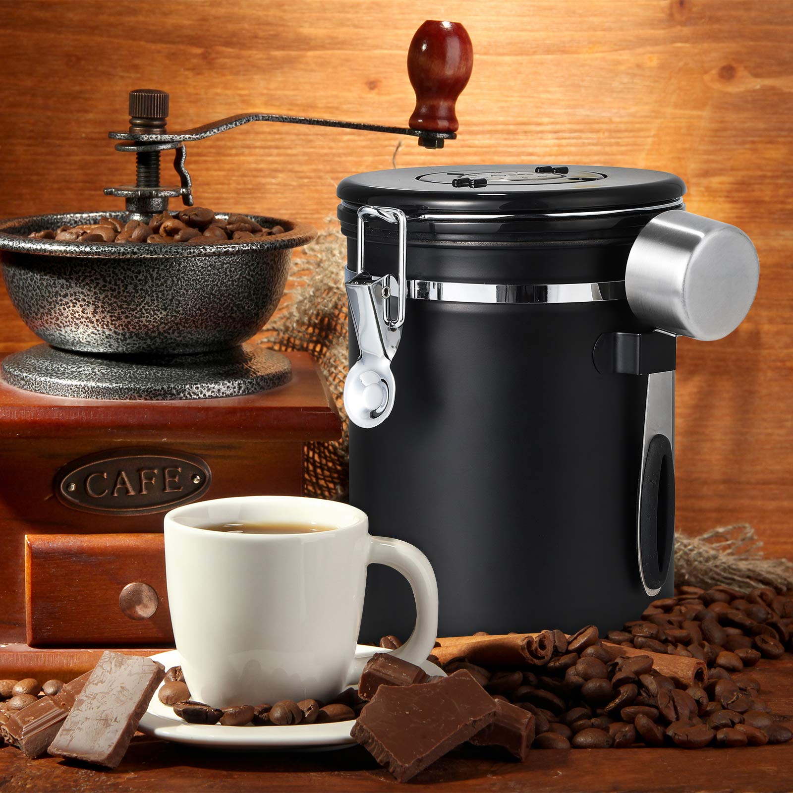 Stainless Steel Airtight Coffee Canister with Date Tracker & Scoop - 22 oz Black Coffee Storage Container for Grounds & Beans - Perfect for Kitchen, Pantry & Office Use