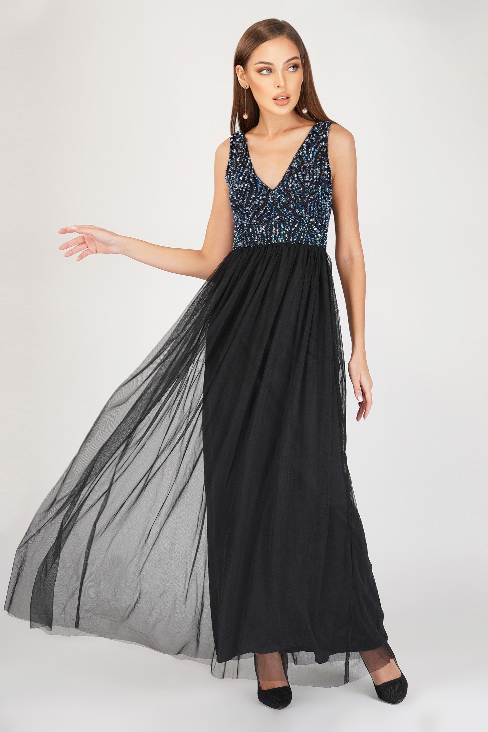 Ada Black Embellished Maxi Dress for Women - Elegant Evening Gown with Beaded Details, Formal Party Dress for Weddings, Prom, Cocktail Events & Special Occasions