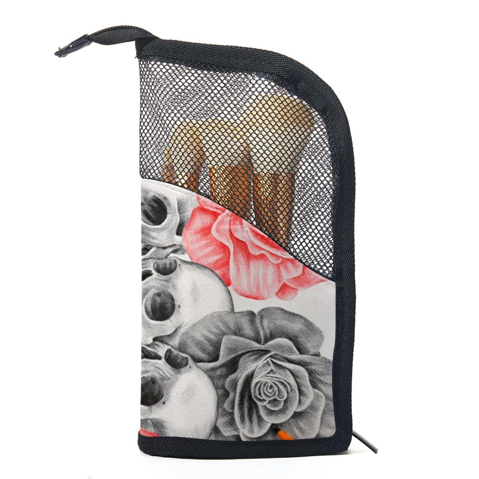 **12-Piece Makeup Brush Organizer Bag with Hand-Drawn Skull Rose Design – Portable Cosmetic Brush Holder Case for Travel & Home Storage**