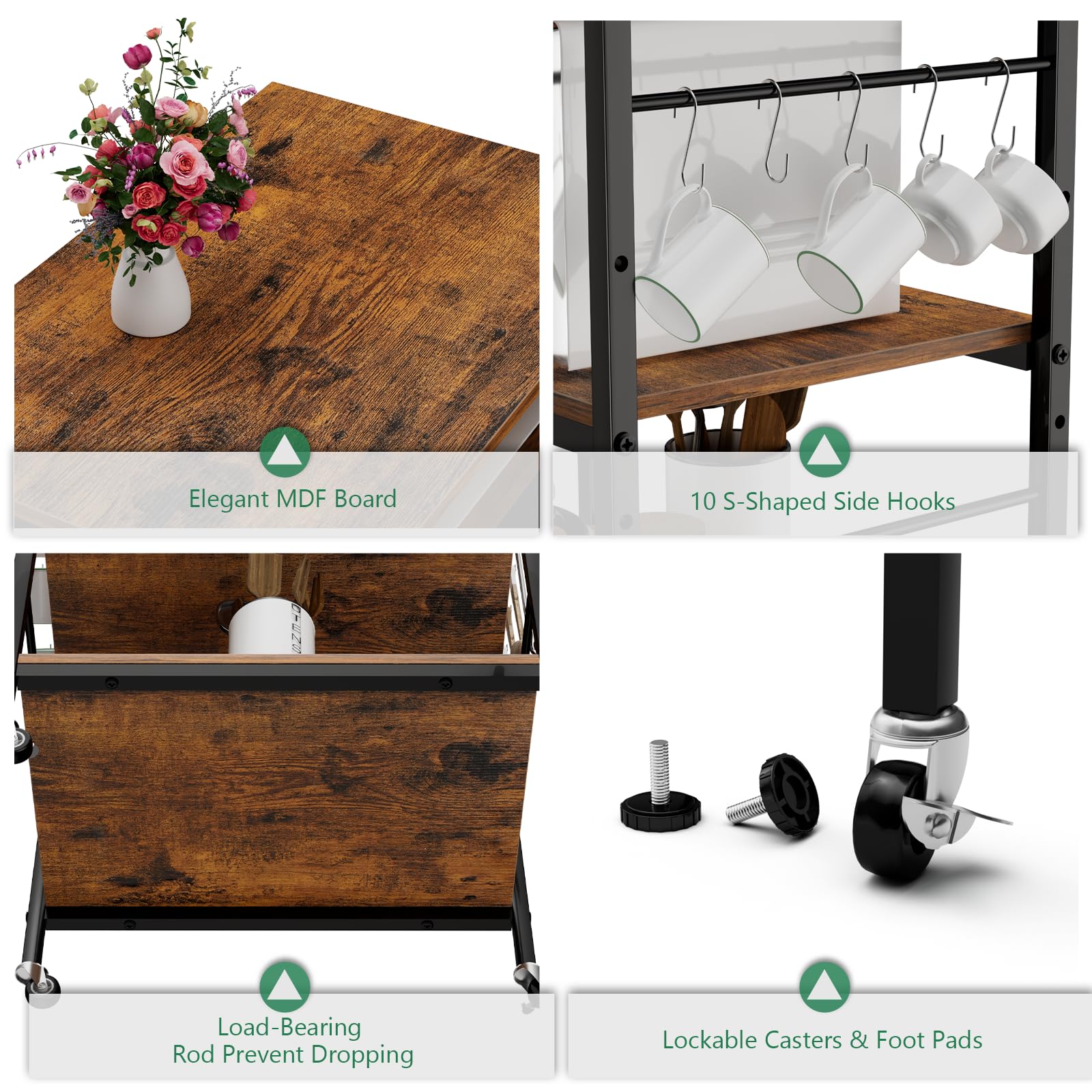 ETELI 3-Tier Bakers Rack with Power Outlet - Microwave Stand Cart with Storage Shelves - Mobile Coffee Station Table with Wheels - Rustic Brown Kitchen Cart for Living Room, Bedroom & Office - Perfect for Small Spaces, Apartment Cooking & Coffee Bar Setup