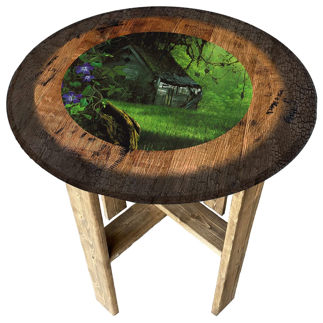 Rustic Whiskey Barrel End Table - Farmhouse Style Round Wooden Coffee Table for Cabin Decor, Living Room & Outdoor Use