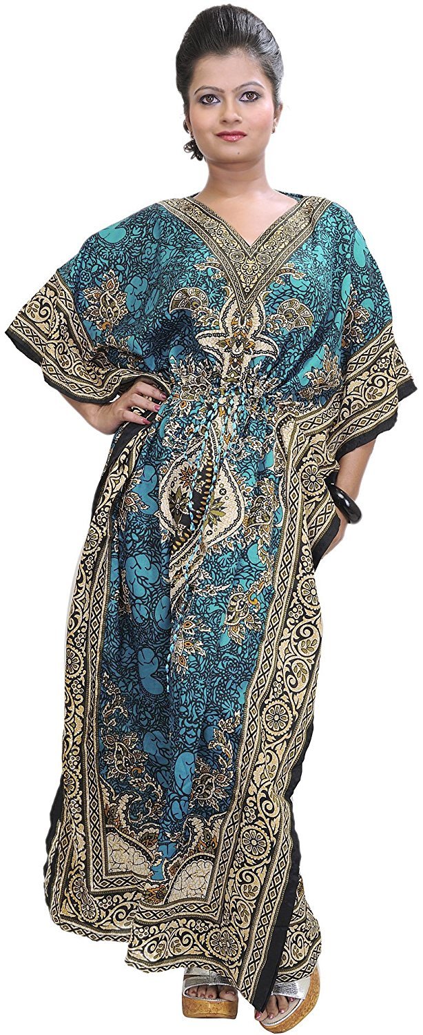 Royal Essentials Women's Tribal Ethnic Print Kaftan Dress - Flowy Boho Maxi Dress for Beach, Vacation & Summer (Teal)