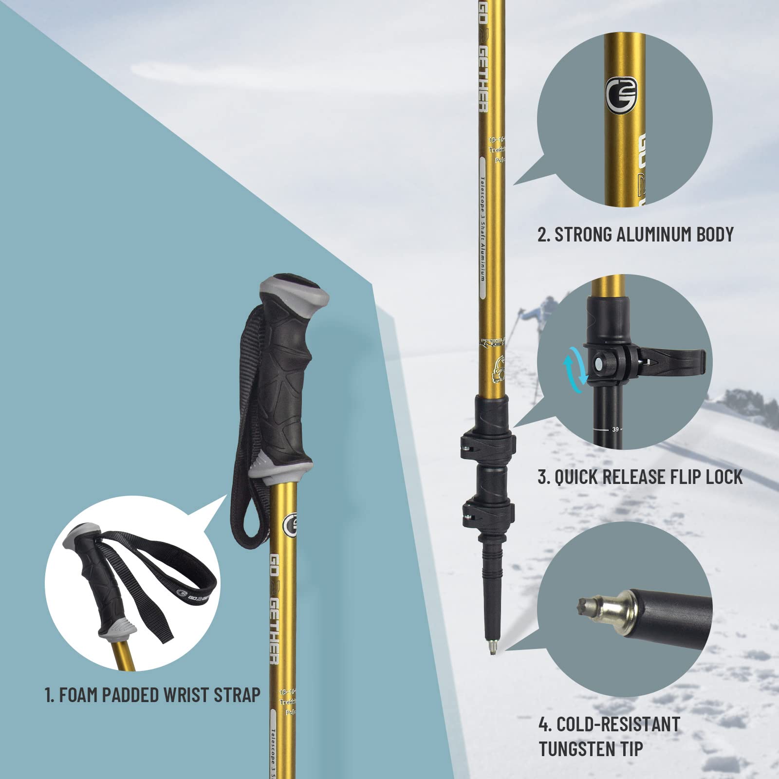 Adjustable Aluminum Trekking Poles - Lightweight Hiking Sticks with Quick Lock System, Ergonomic Handle & Padded Strap - Includes Snow Baskets - Perfect for Mountain Hiking, Backpacking & Outdoor Adventures