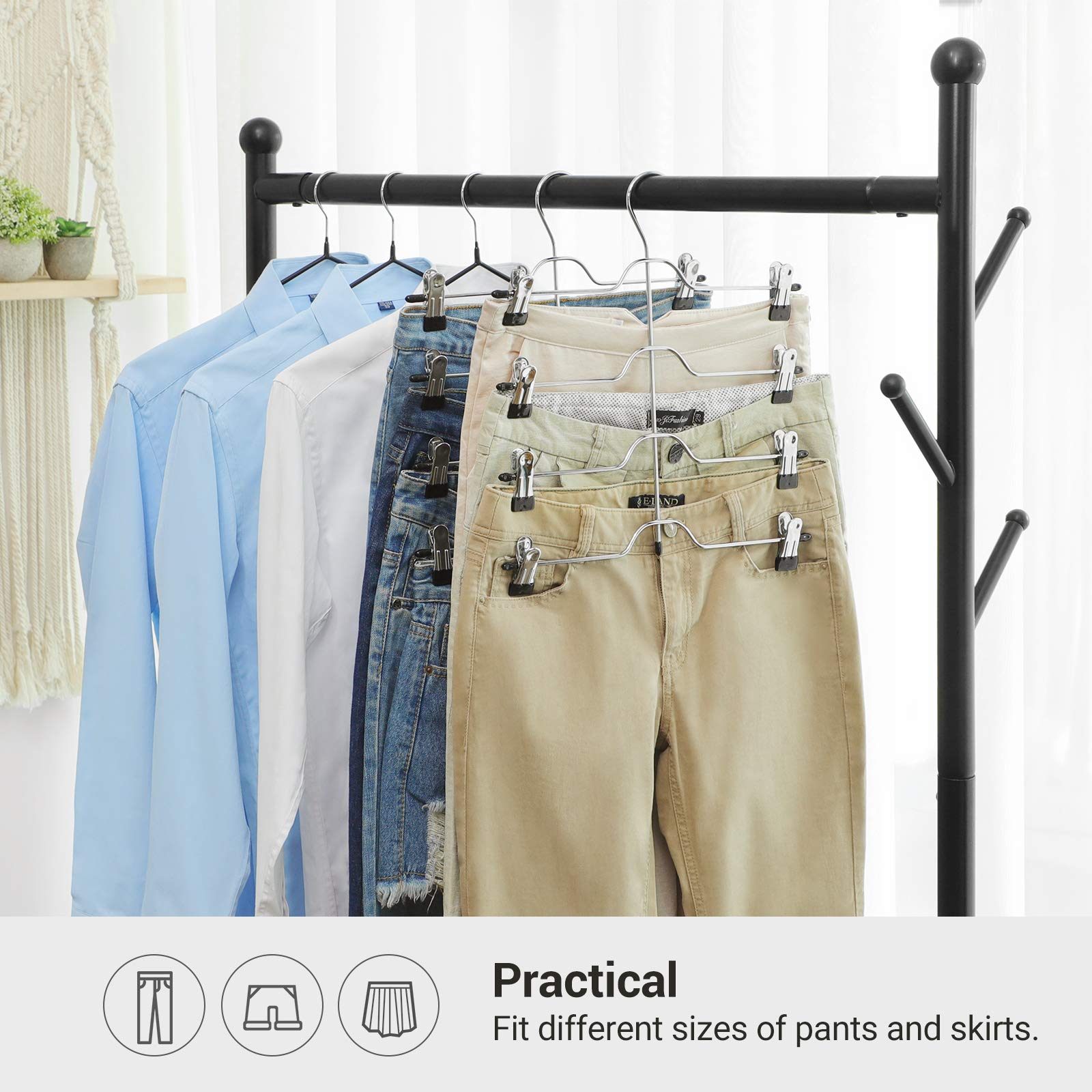 SONGMICS 4-Tier Space Saving Pants Hangers with Non-Slip Clips - Set of 3 Multi-Functional Skirt & Trouser Organizers for Closet Storage - Perfect for Wardrobe, Laundry Room, and Travel Packing (Silver, UCRI042BK)