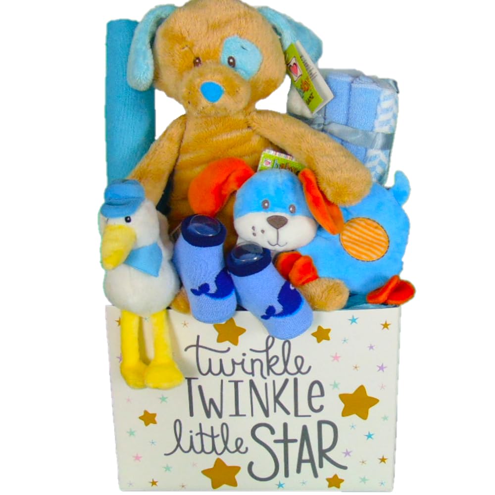 Baby Boy Gift Basket for Newborn - 10-inch Welcome Baby Gift Set with Cute Star Design | Perfect Newborn Gift for Baby Showers, Christenings & New Parents | Thoughtful Present for Mom and Dad