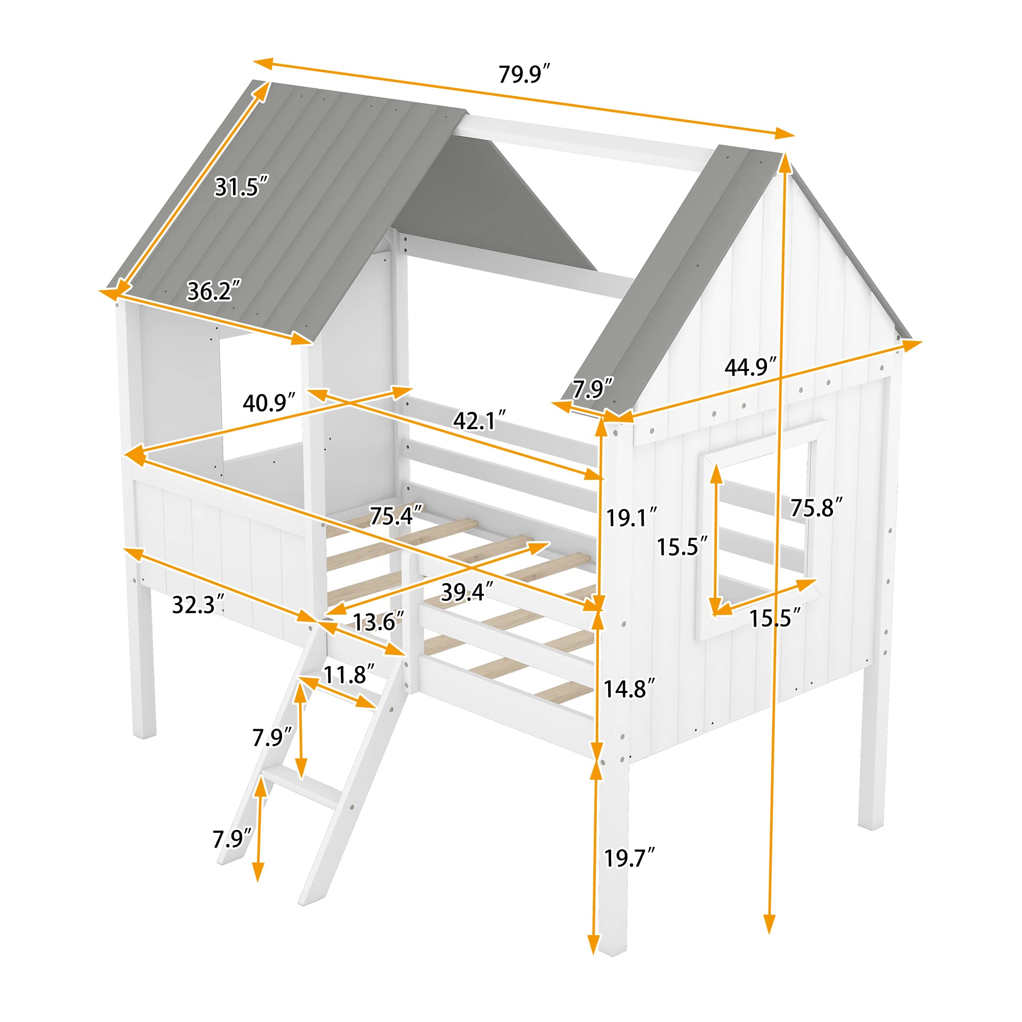 Harper & Bright Designs Twin Size Wooden House Bed Frame for Kids & Teens - Low Loft Bed with Side Windows & Roof - No Box Spring Needed (White+Gray) - Perfect for Small Bedrooms, Playrooms & Kids' Sleepovers