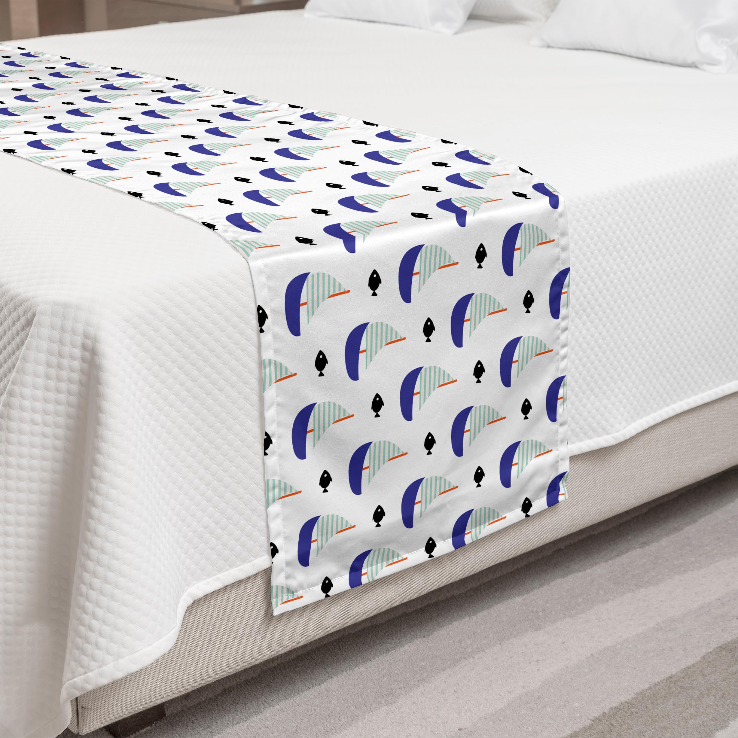 Ambesonne Sailboat Bed Runner - Minimalist Curvy Design with Sailboats & Black Molly Fishes - Decorative Accent Bedding Scarf for Hotels, Homes & Guestrooms - Violet Blue & Pale Blue - Perfect for Coastal & Nautical Themed Bedrooms