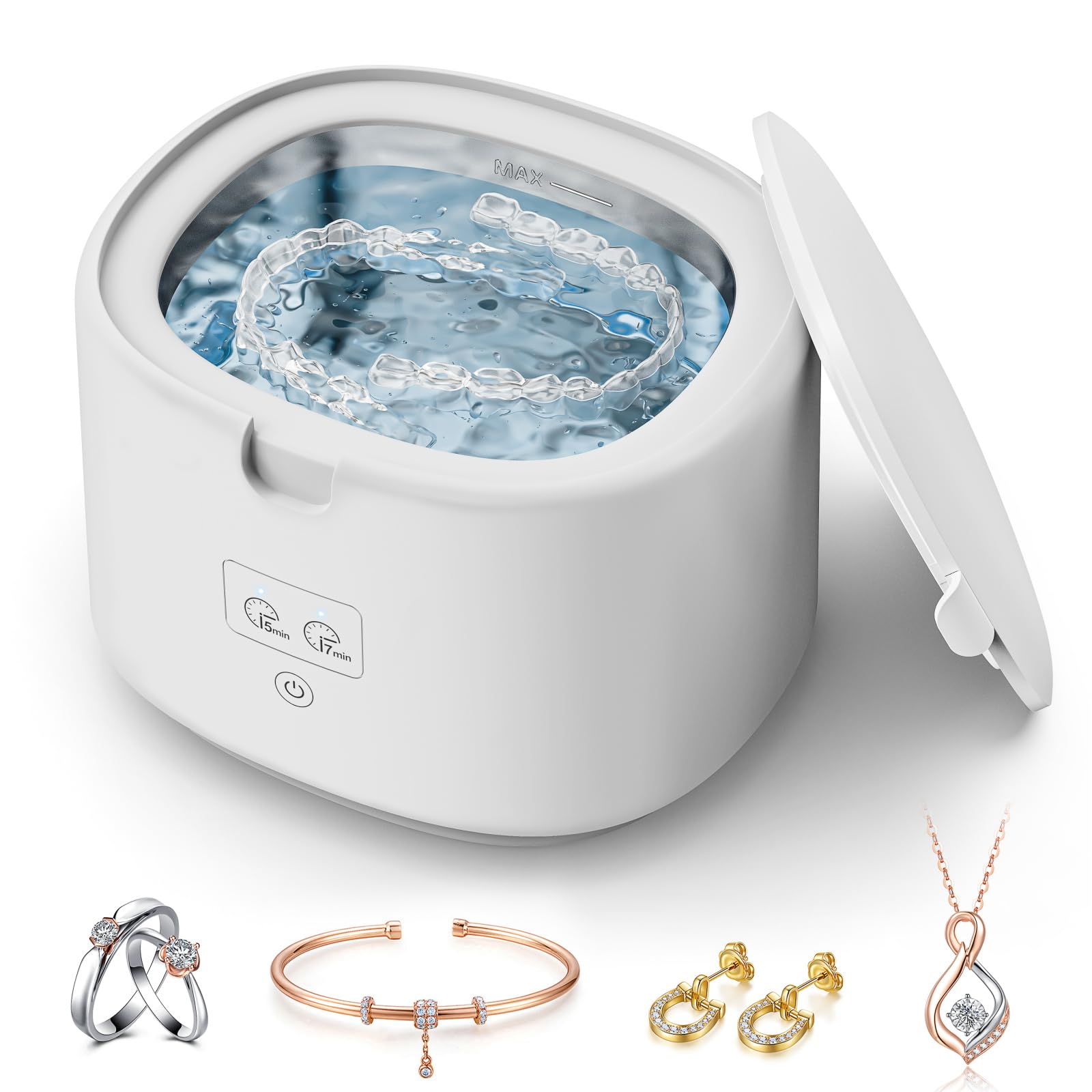 Portable Ultrasonic Cleaner for Dentures, Retainers & Jewelry - 45kHz Stainless Steel Cleaner with 8oz Capacity | Perfect for Dental Appliances, Mouth Guards & Small Jewelry at Home or Travel
