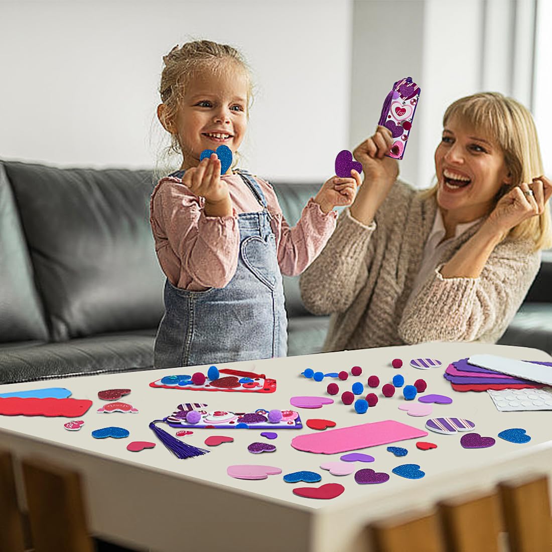 24 Sets Valentine's Day DIY Craft Kit for Kids - Foam Bookmarks with Self-Adhesive Heart Stickers & Pom Poms - Classroom Activity Supplies, Party Favors, Gift Exchange Ideas for Valentine's Day Celebrations