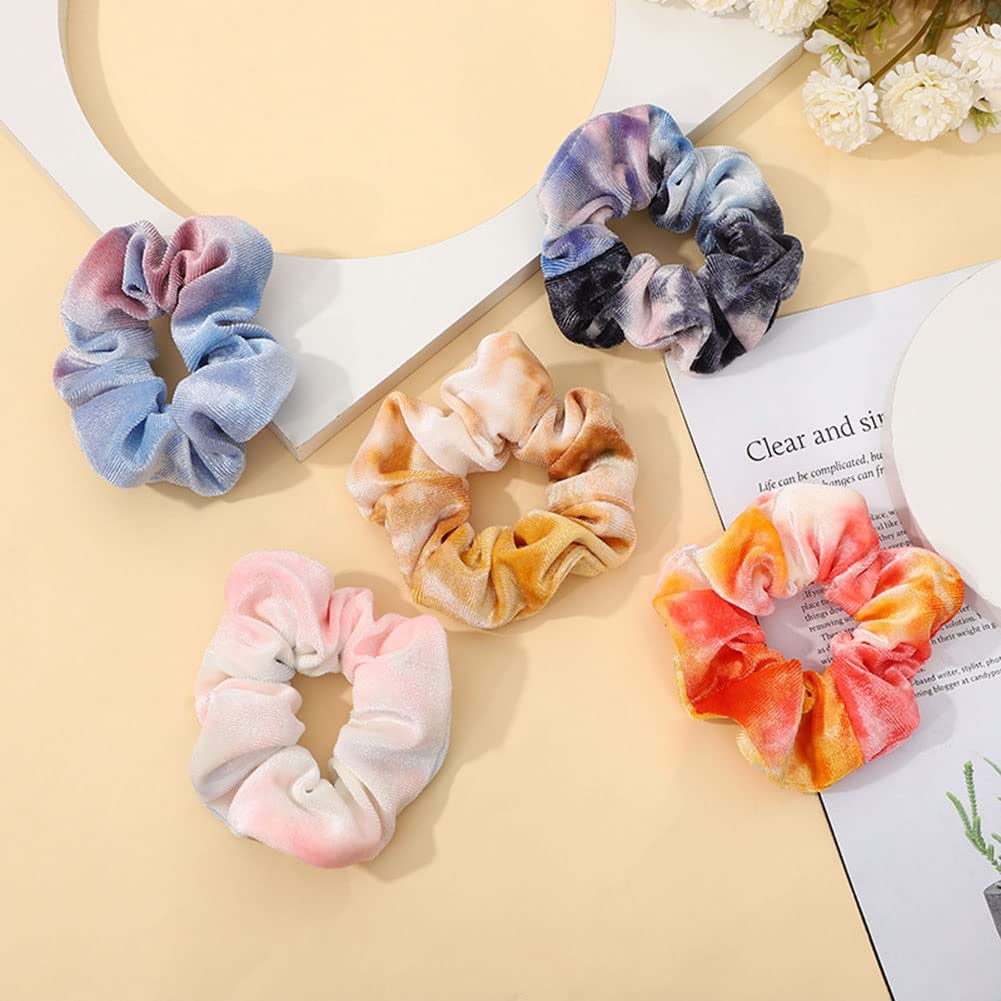 Tie Dye Velvet Hair Scrunchies for Women & Girls - Soft Elastic Hair Bands Set of 5 - Perfect for Workouts, Yoga, Office & Everyday Styling