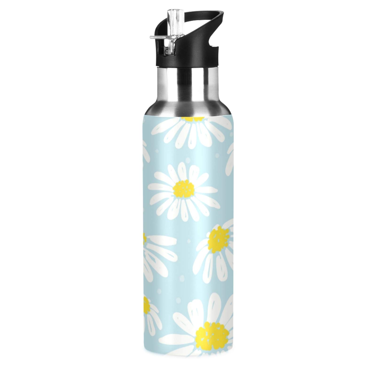 Qilmy 20 oz Stainless Steel Water Bottle with Straw Lid - Leakproof, Vacuum Insulated, Daisy Pattern Design - Perfect for Gym, Hiking, School & Outdoor Activities